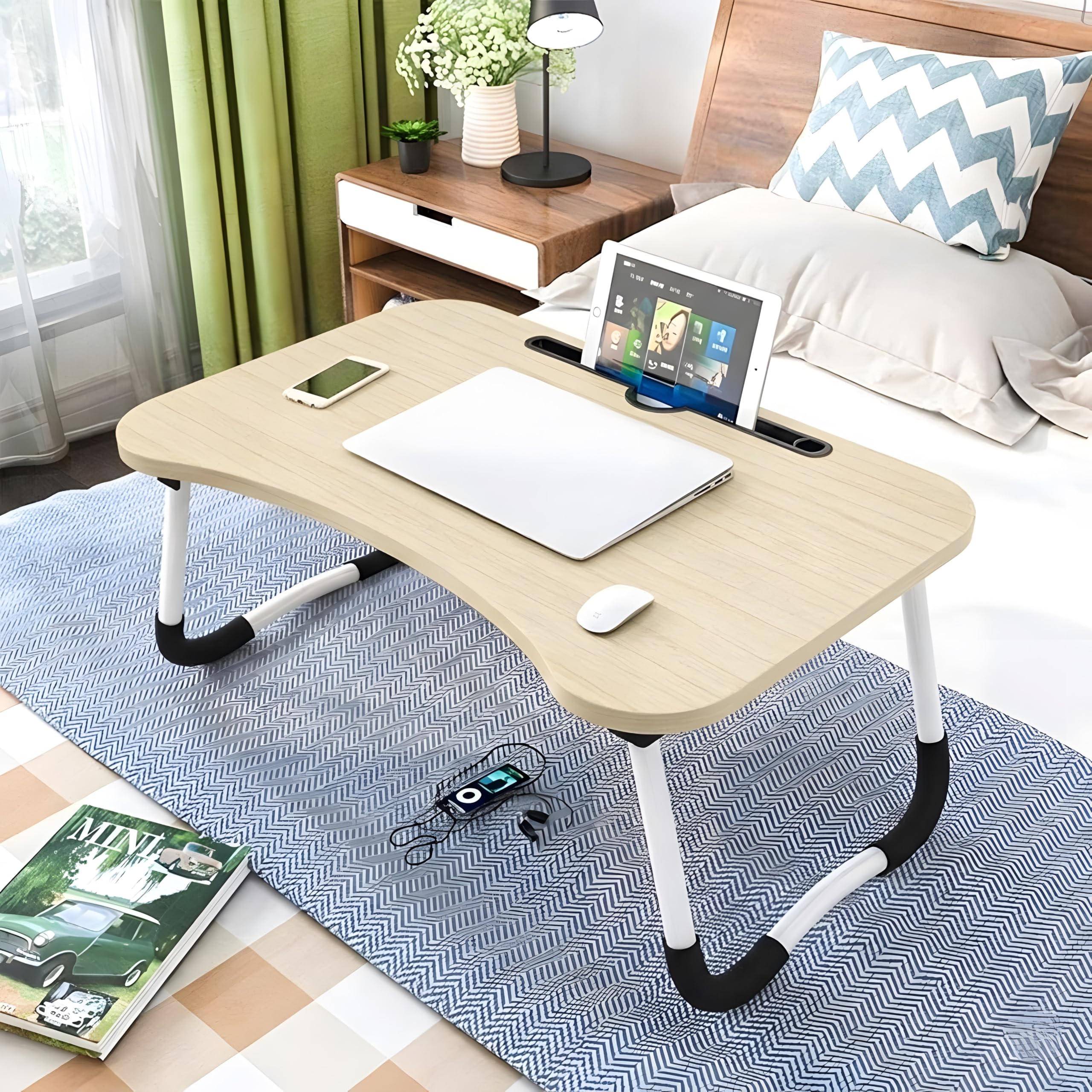 Tavolino da Colazione a Letto Pieghevole per PC Portatile, Vassoio da Divano in Legno con Supporto per Tablet e Smartphone, Scrivania Ergonomica Salvaspazio Lavoro Tavolo (-BETULLA) - 3