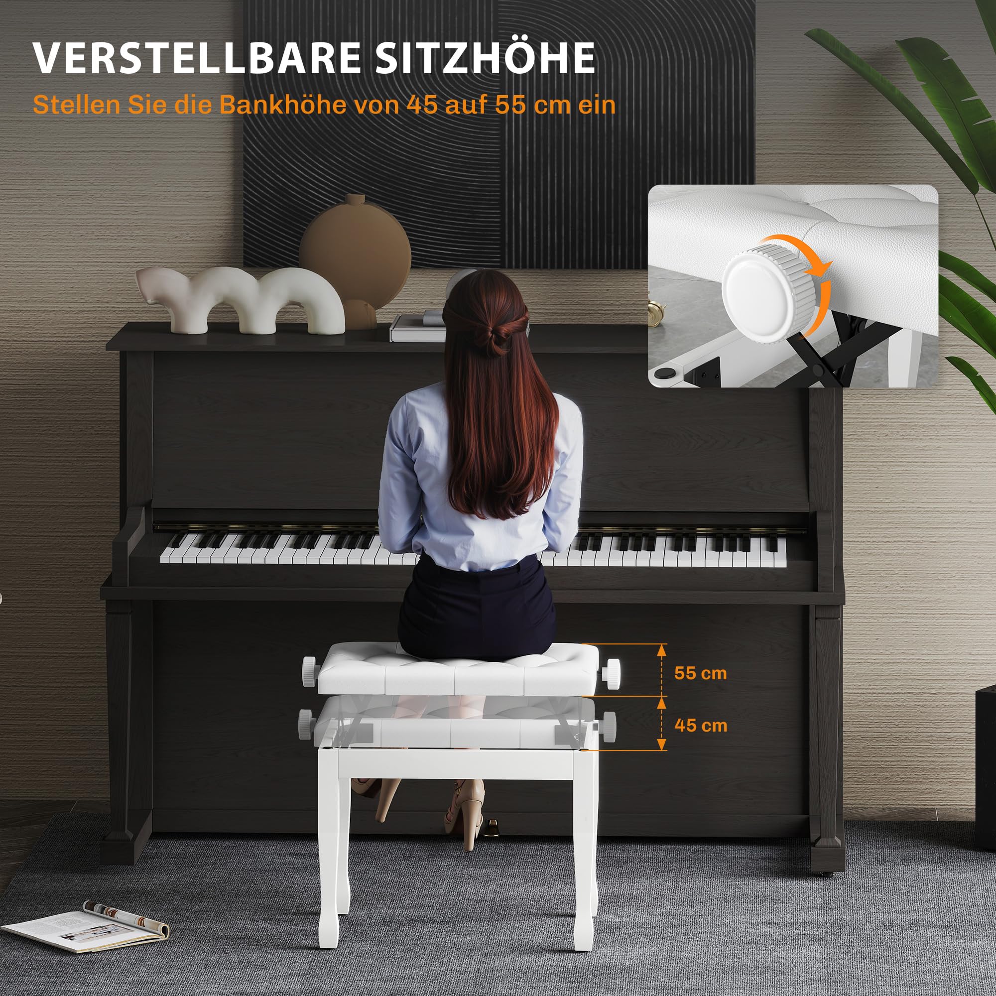 HOMCOM Stołek fortepianowy regulowany, ławeczka 64x35x45-55 cm Biały | Pianobank, poduszka ekoskóra, stołek keyboardowy, do fortepianu/keyboardu