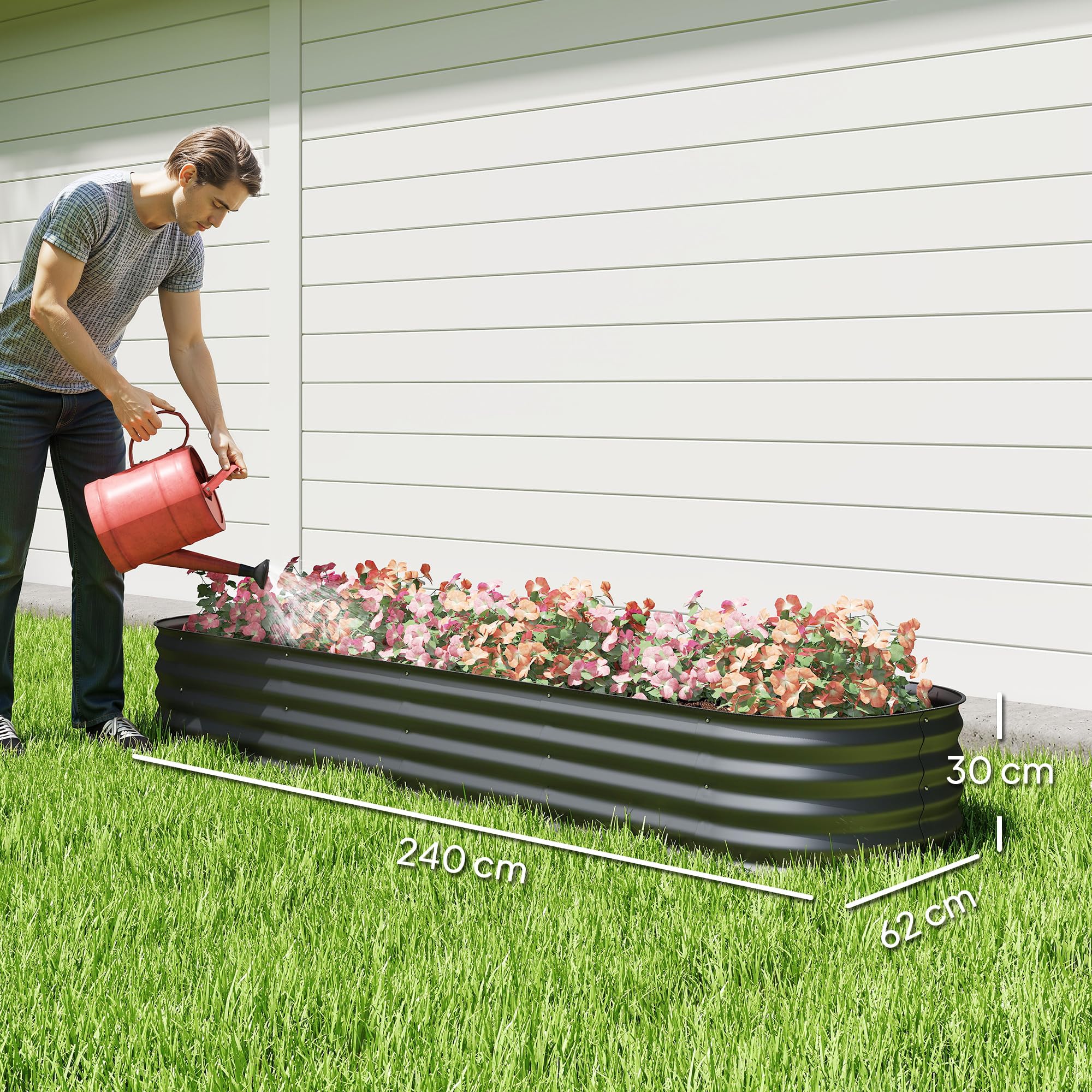 Outsunny Jardinière carré Potager de Jardin en Acier galvanisé modulable pour légumes, Plantes, Fleurs, dim. 240 x 62 x 30 cm, Gris foncé