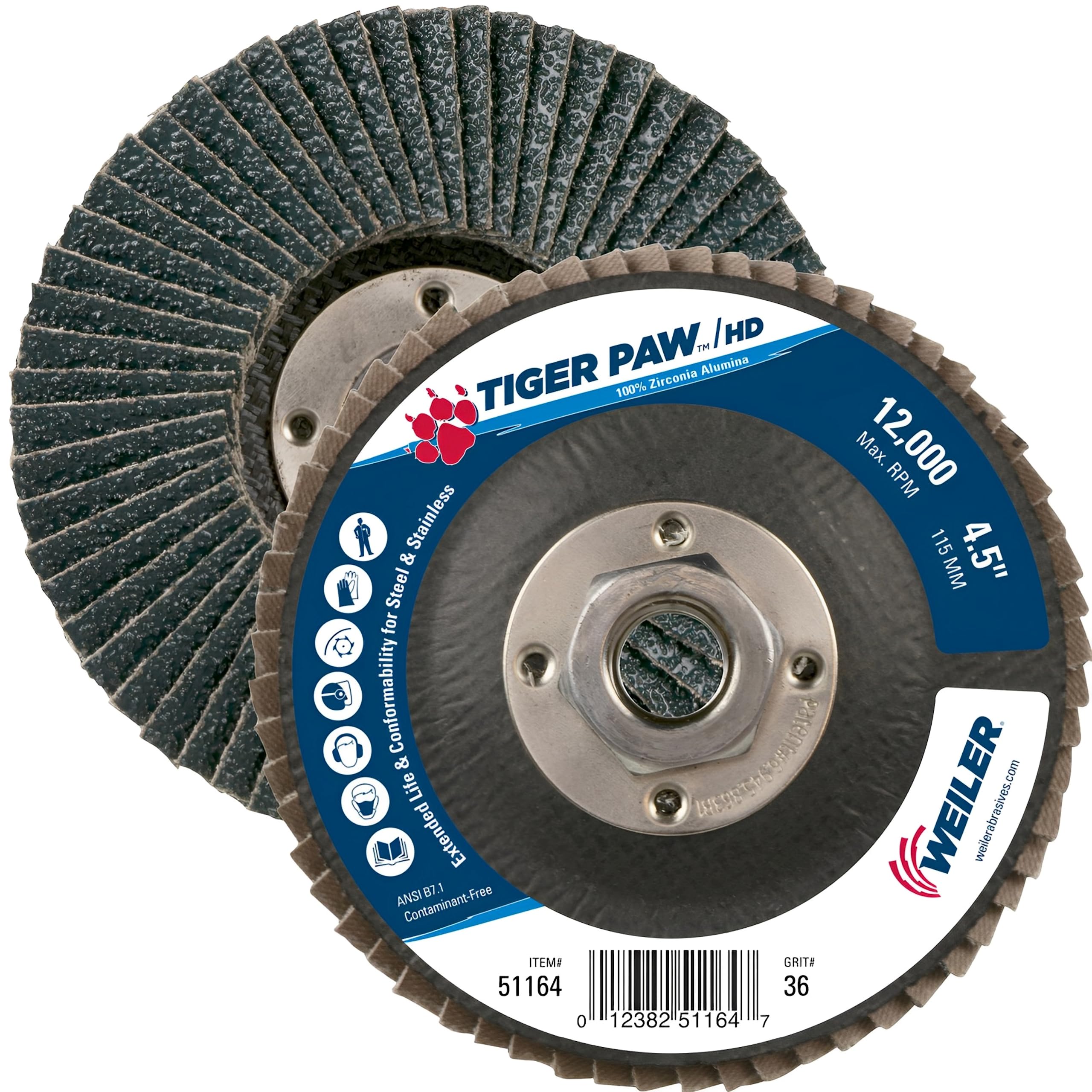 Weiler 51164 Tiger Paw XHD Super alta densidad solapa abrasivos discos, tipo 27 soporte de estilo fenólico, respaldo, Zirconia alúmina, 4 – 1/2 "de diámetro, 5/8" -11 Arbor, 36 Grit, 12000 rpm (Pack de 10)