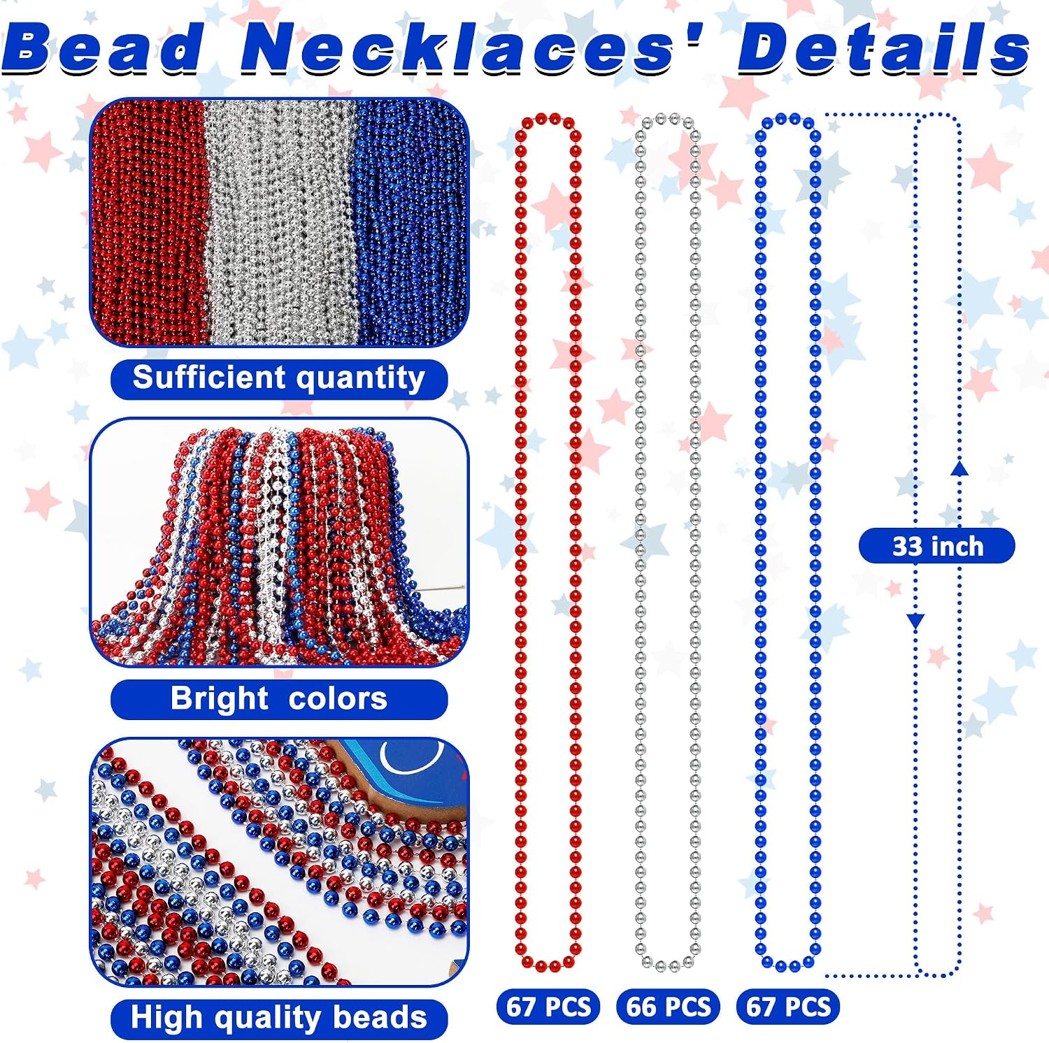 Huskein 200 PCS Beads Necklace, 33" Patriotic Necklace, Red Blue Silver Fourth of July Beads Accessories Party Supplies for Adult 4th of July Independence Day Memorial Day Veterans Day