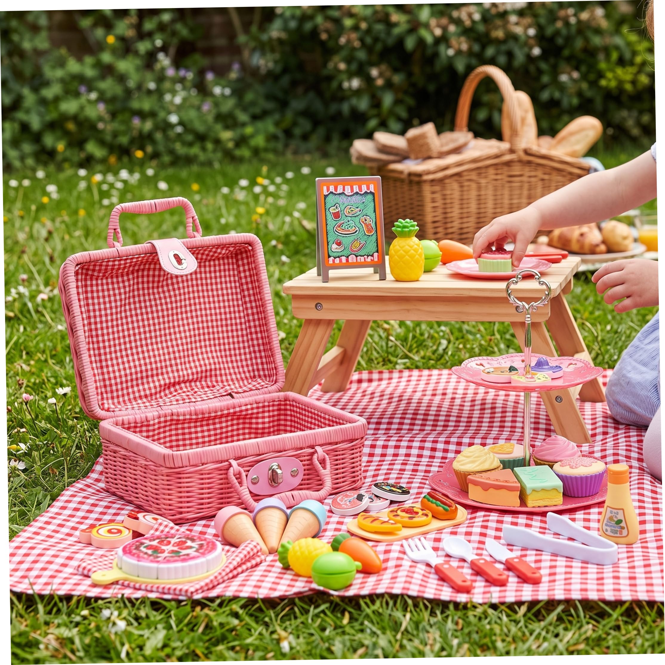 Juego de Fiesta de té, Cesta de Picnic para niños con Juguetes de Comida realistas
