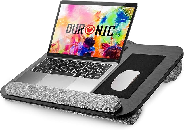 Duronic Laptop Tray with Cushion DML433 | Ergonomic Lap Desk for Bed, Sofa, Car | Built-in Mouse Pad, Wrist Pad and Tablet Holder | Black/Grey | Portable Design with Carry Handle| For Home/Office