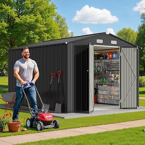 Gizoon 10x10 FT Outdoor Storage Shed, Large Utility Metal Tool Shed with Lockable Double Doors & 4 Vented Windows, Heavy-Duty Garden Shed for Backyard, Patio, Lawn (Grey)