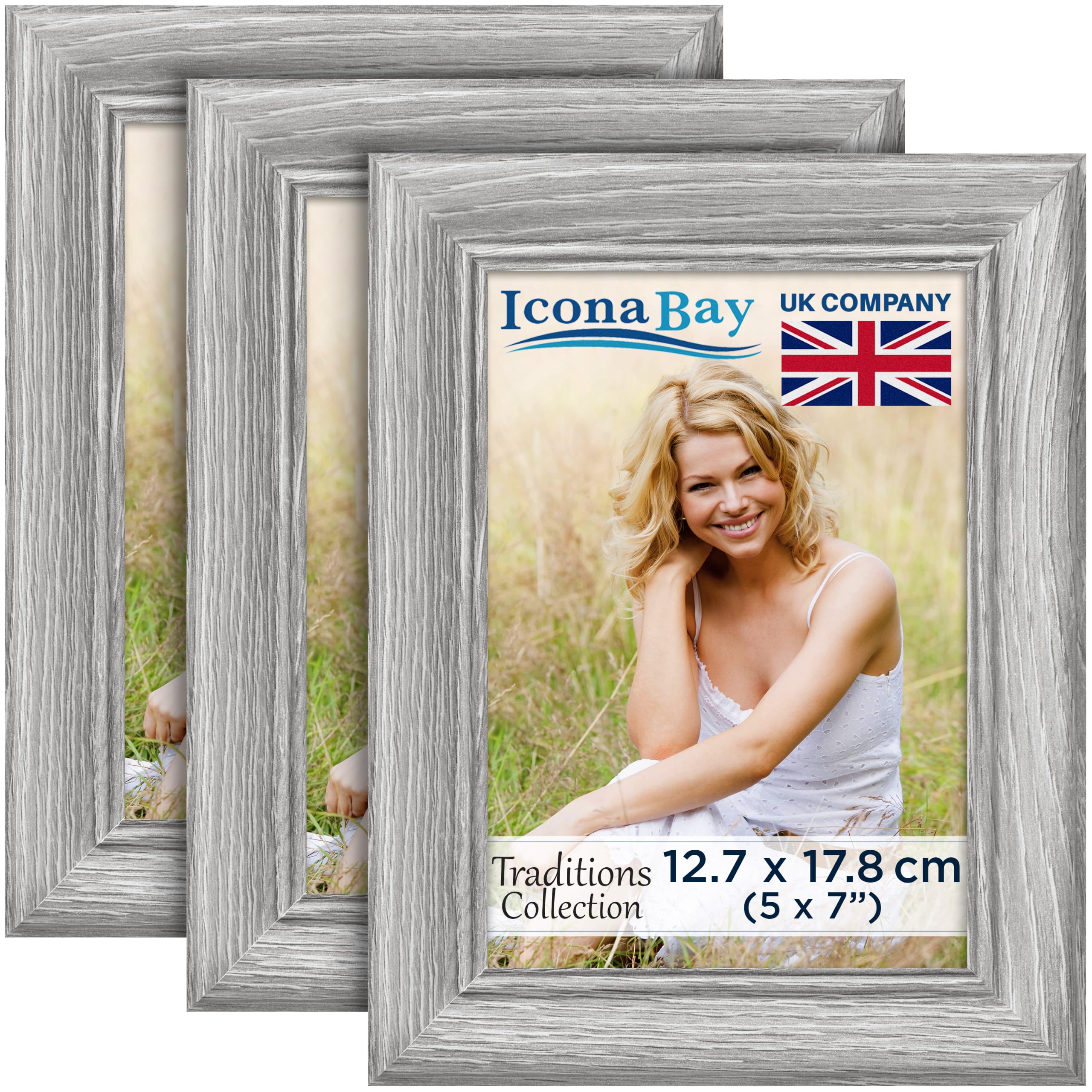 Icona Bay - 7x5 Picture Frames - Ash Grey, 3 Pack - Rustic Wood Pattern - Lightly Distressed Frames for Table Top Display or Wall Mount - Traditions Collection