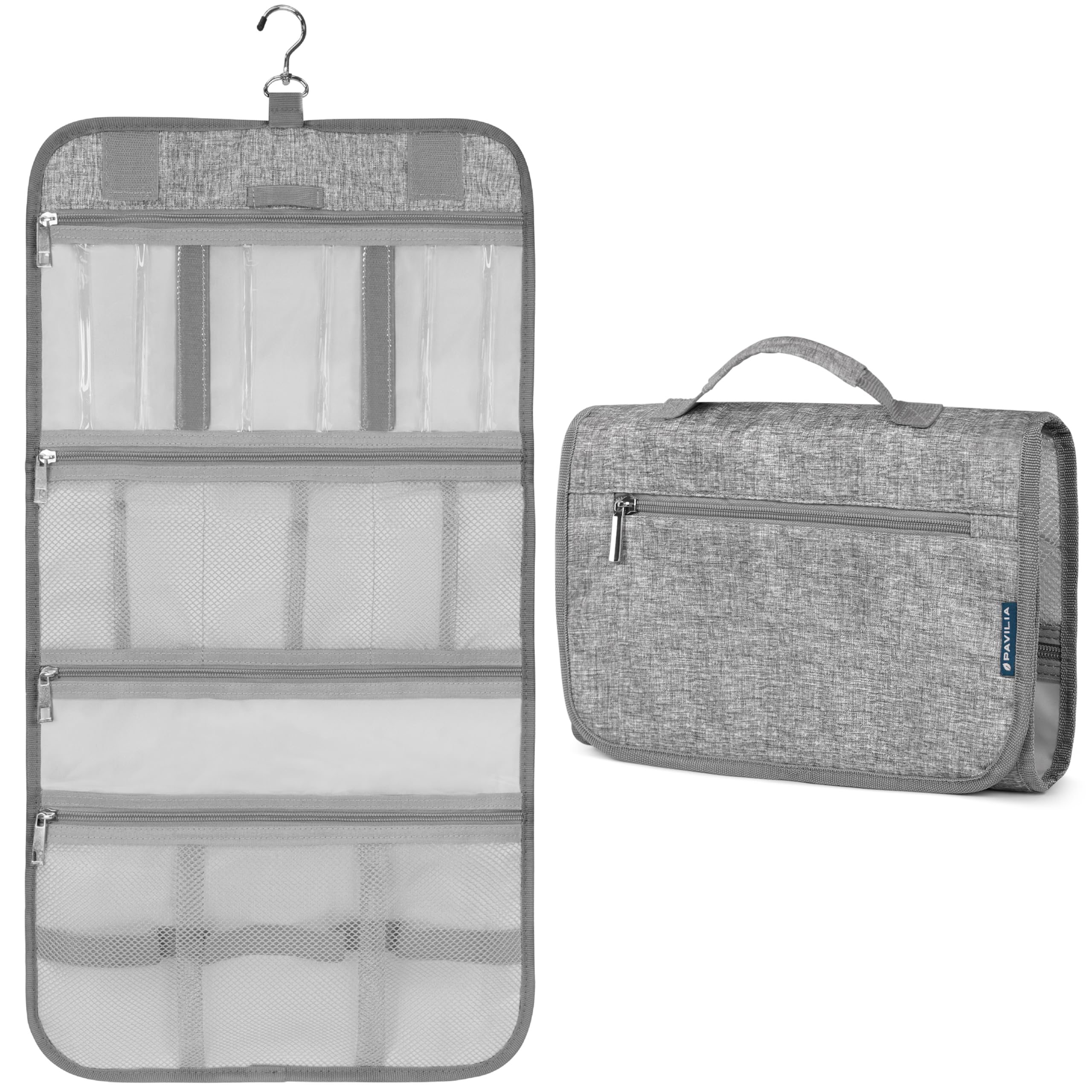 PAVILIA Hanging Toiletry Bag Women Men, Travel Kit Foldable Large Toiletries Organizer, Roll up Cosmetics Makeup Bag Accessories, Waterproof