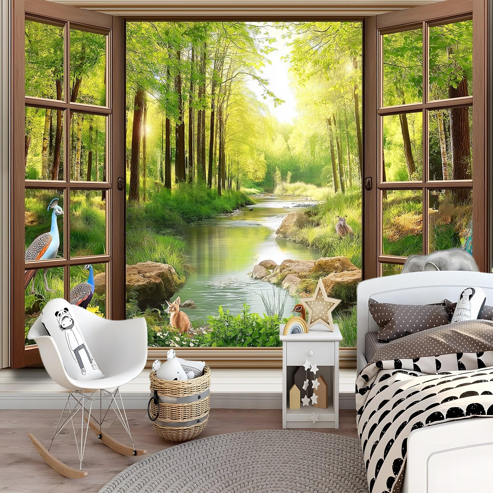 Kolorowa tapeta ścienna do sypialni salonu pokój zabaw fototapeta 3D okna dżungla zwierzęta dekoracje ścienne 400 x 280 cm