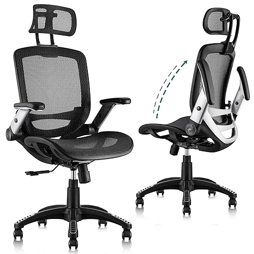 GABRYLLY Ergonomic Office Chair, High Back Home Desk Chair with Headrest, Flip-Up Arms, 90-120° Tilt Lock and Wide Cushion, Big and Tall Mesh Chairs for Man Woman, Black Task Chair - Black