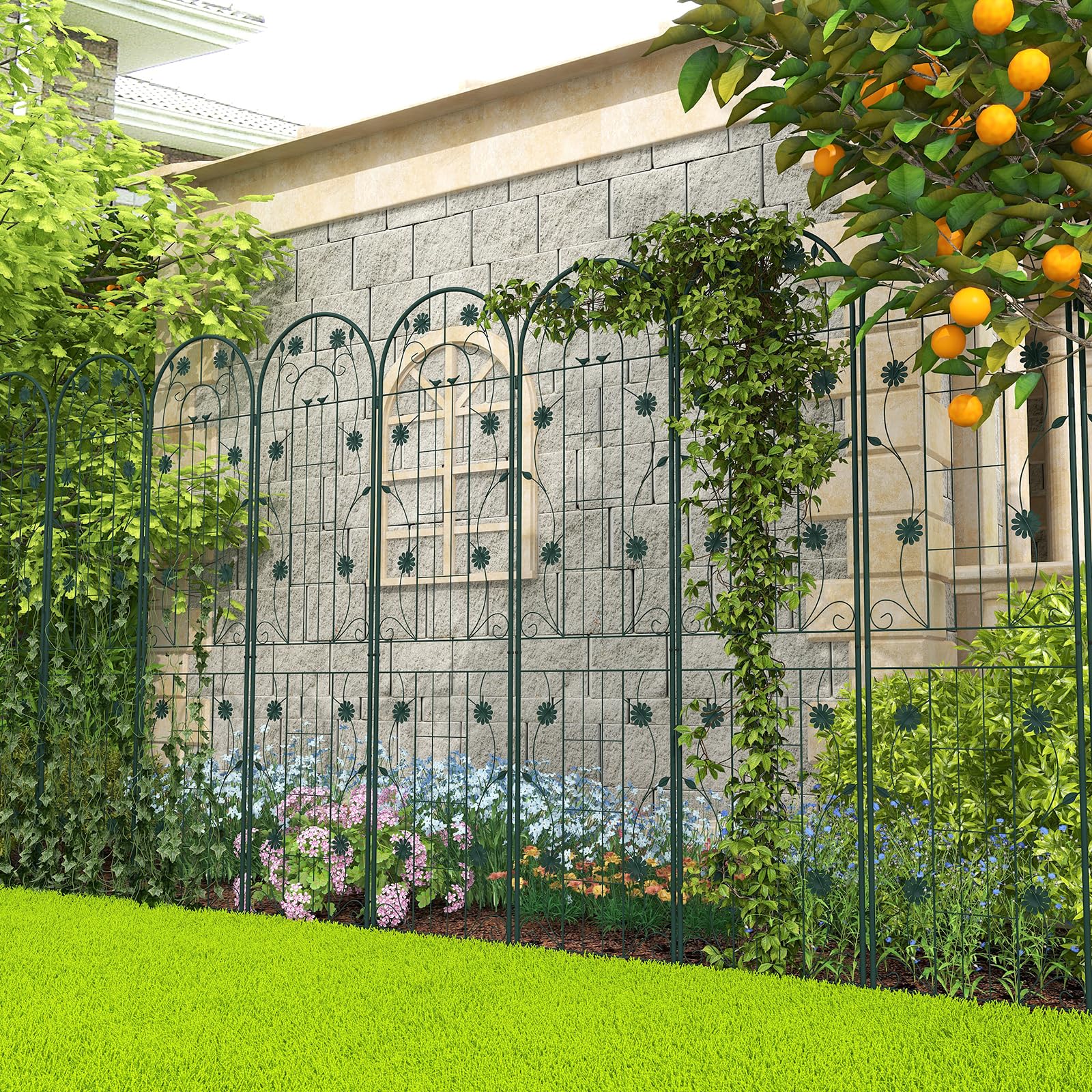 HOMASIS Rankgitter Metall, Spalier für Kletterpflanzen, Rankhilfe zum Stecken, dekorative Gartenspalier Gartenzaun Rankspalier für Rosen Blumen Tomaten (Grün,220x50cm,2)