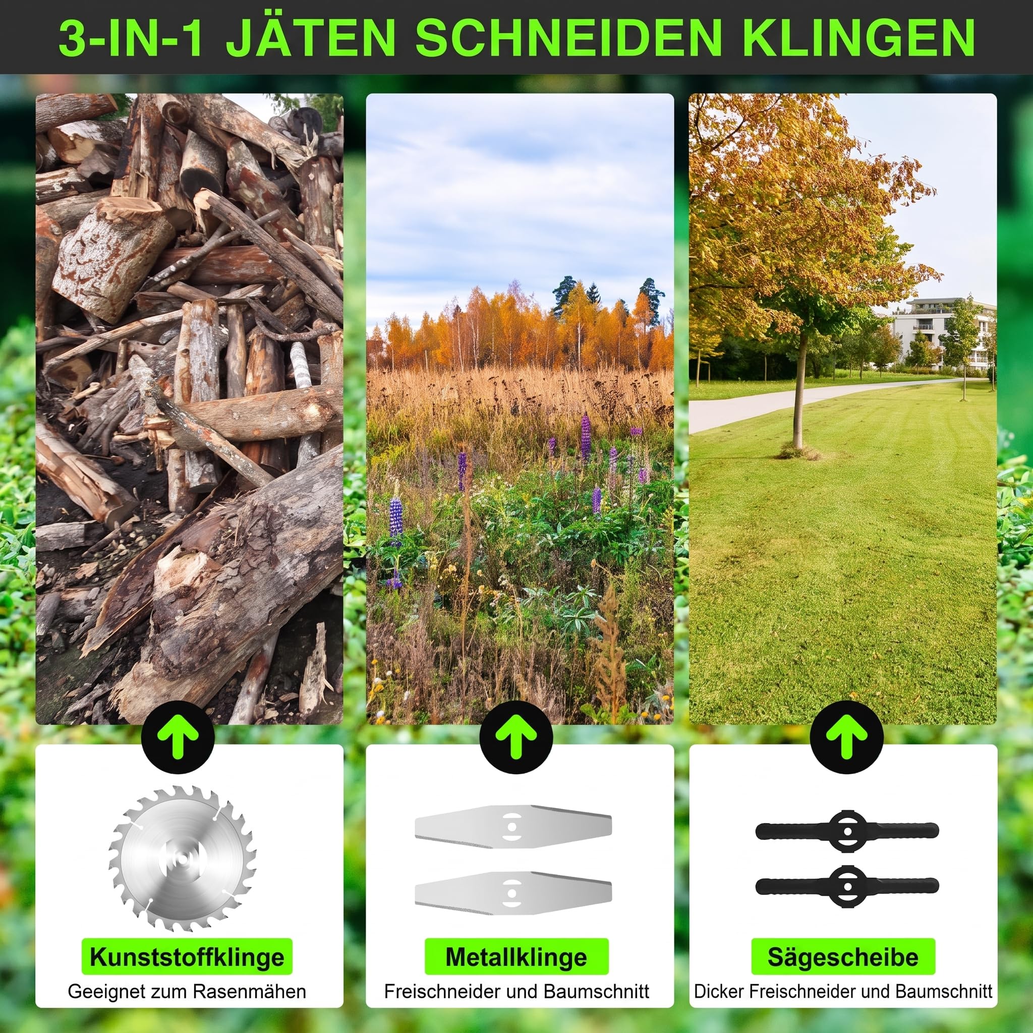 Akku Rasentrimmer mit Rädern, 3-in-1 Freischneider & Rasenkantenschneider | 24 V Akku-Rasenmäher , 2 Akkus und Ladegerät, 2x 2,0 Ah Akkus, klappbarer Führungsholm