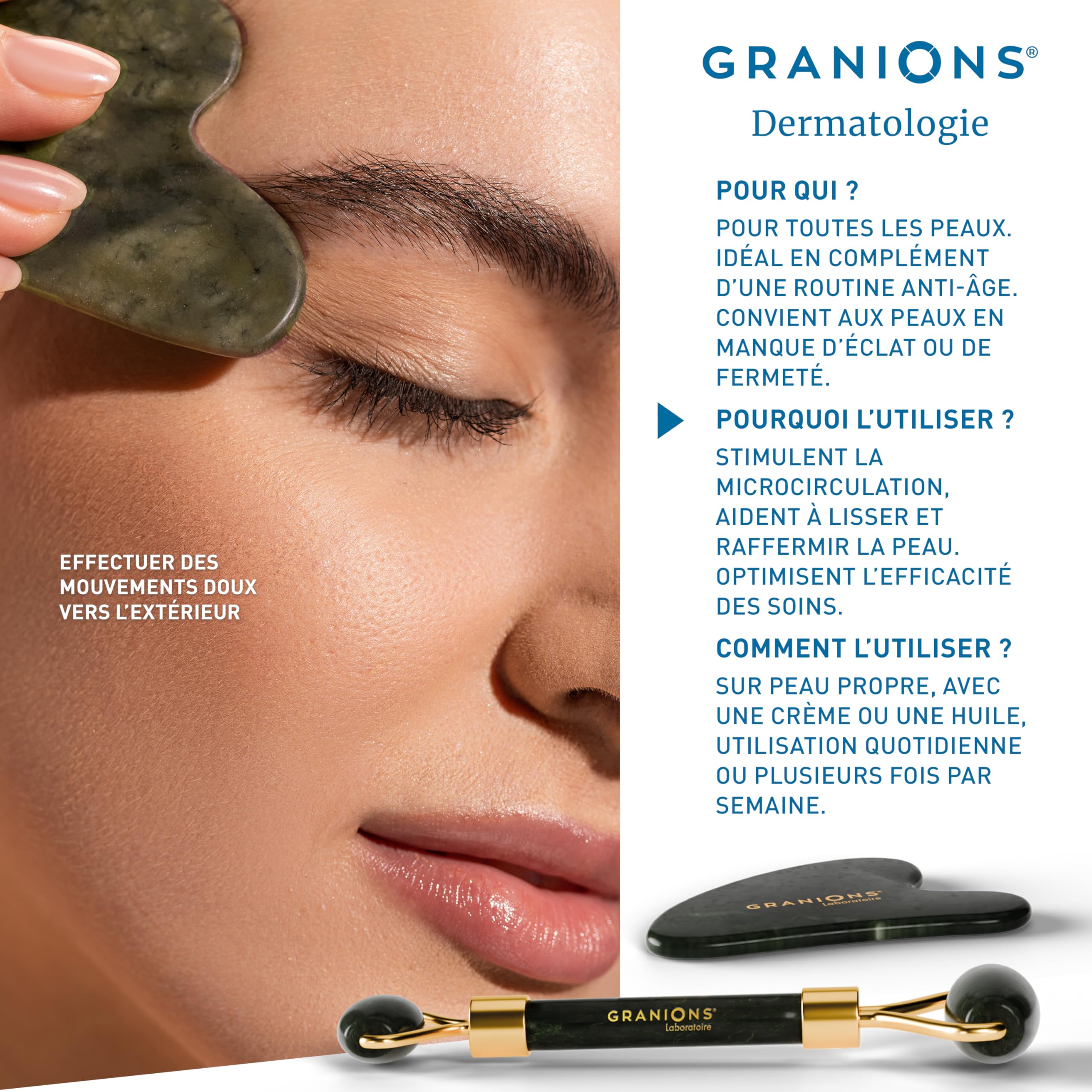 GRANIONS Coffret IN & OUT – Collagene Marin & Acide Hyaluronique – Complement alimentaire anti-age + Creme Jour Raffermissante + Rouleau de Jade & Gua Sha – Anti-Rides Visage – Routine complète IN&OUT