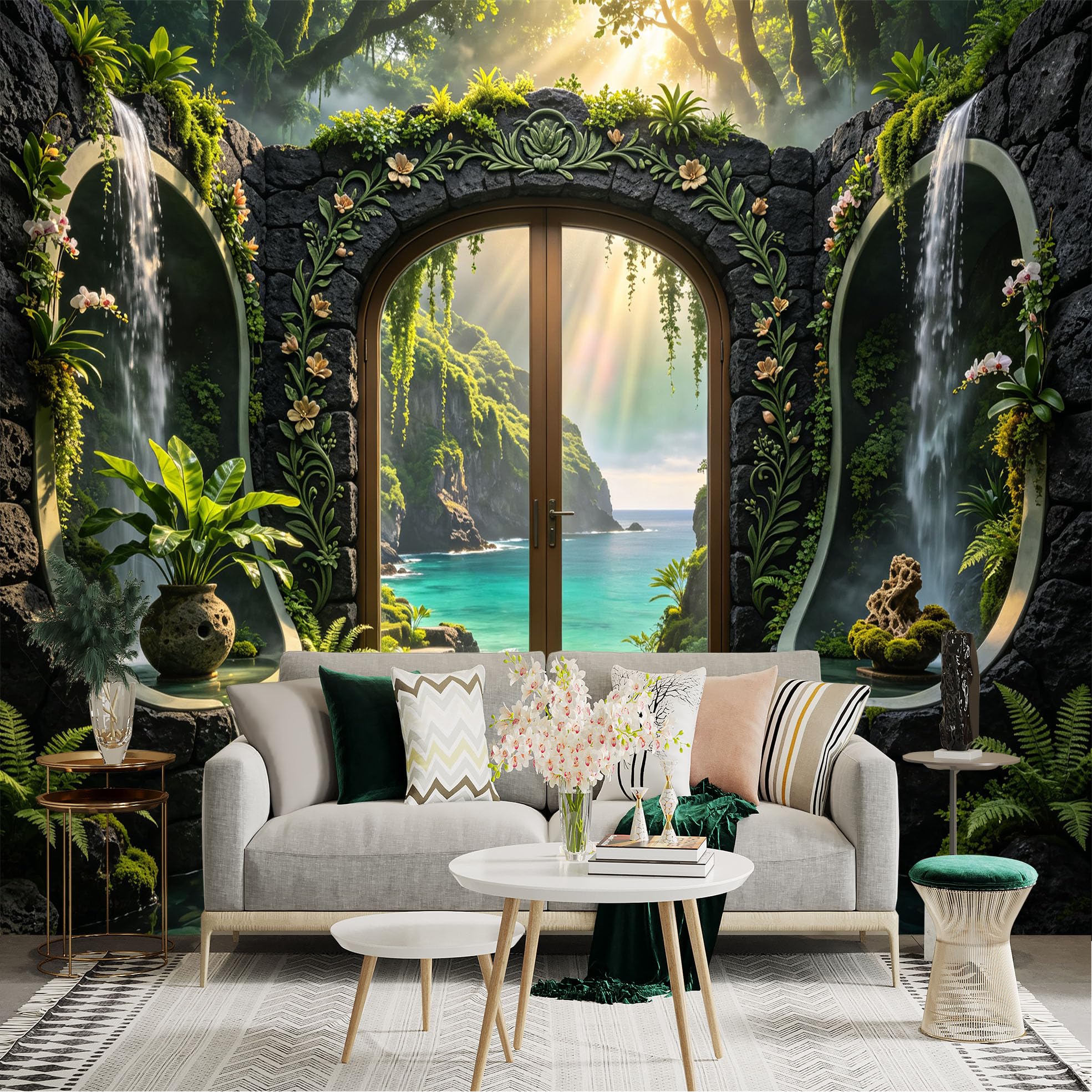 Lnzczhyre Bh260719349 Custom Size Wall Sticker Mural， Tropical Waterfall， Stone Archway， Ocean Coastal View， Lush Greenery， For Wall Decoration， Peelandstick Wall Decals.