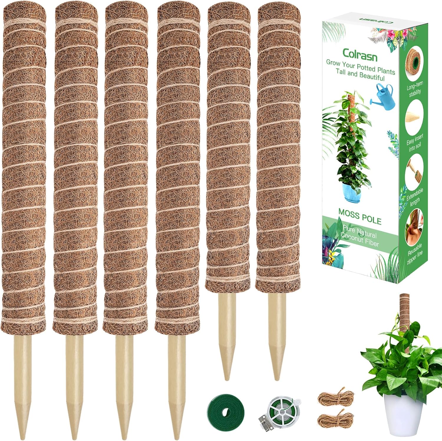 Moss Pole for Plants Monstera, Extra-Long 115 inch Moss Poles for Climbing Plants, 4 Pcs 20.5" and 2 Pcs 16.5" Coco Coir Pole for Indoor Potted Plants Grow Upwards, Moss Stick Totem Pole Plant Support
