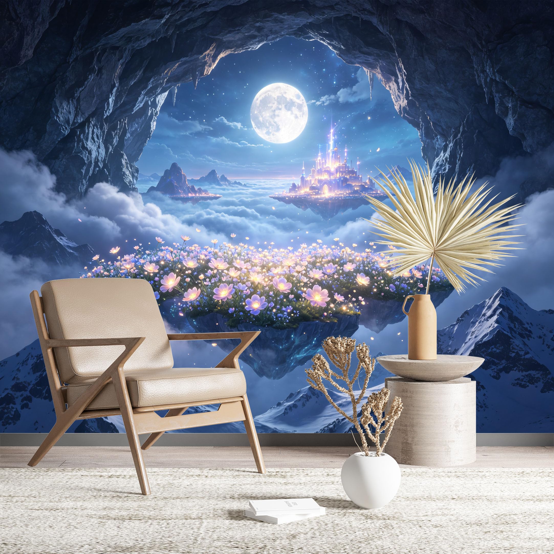 Custom Size Wall Murals Cave View of Floating Castle at Night Wall Murals Fantasy Wallpaper Full Wall Self-Adhesive Removable Wallpaper for Living Room
