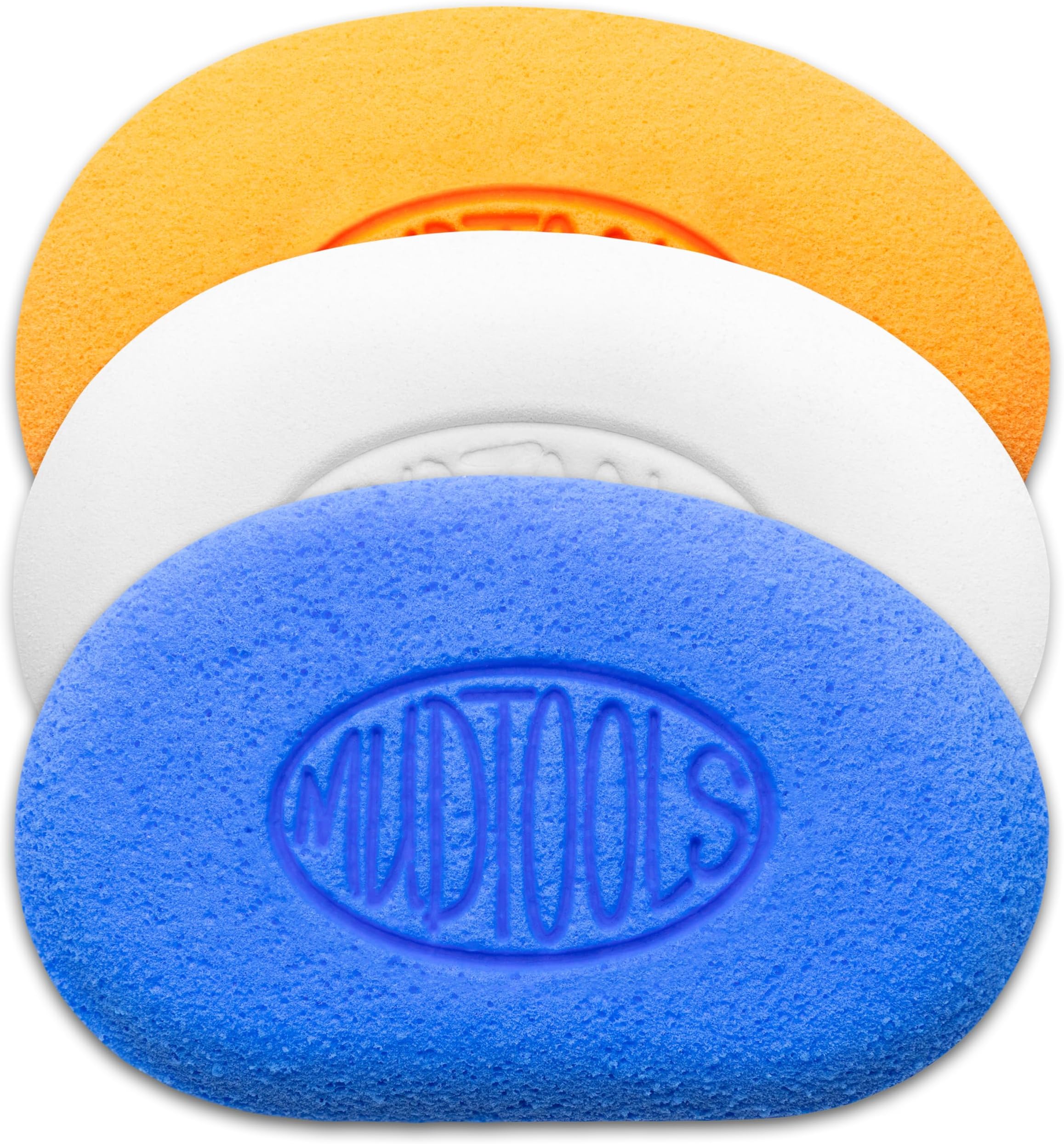 Mudtools Mudsponges Pack, White Finishing Pottery Sponge, Orange Absorbant, Blue Workhourse, Wheel Throwing, Hand Building Clay, Ceramics (3-Pack)