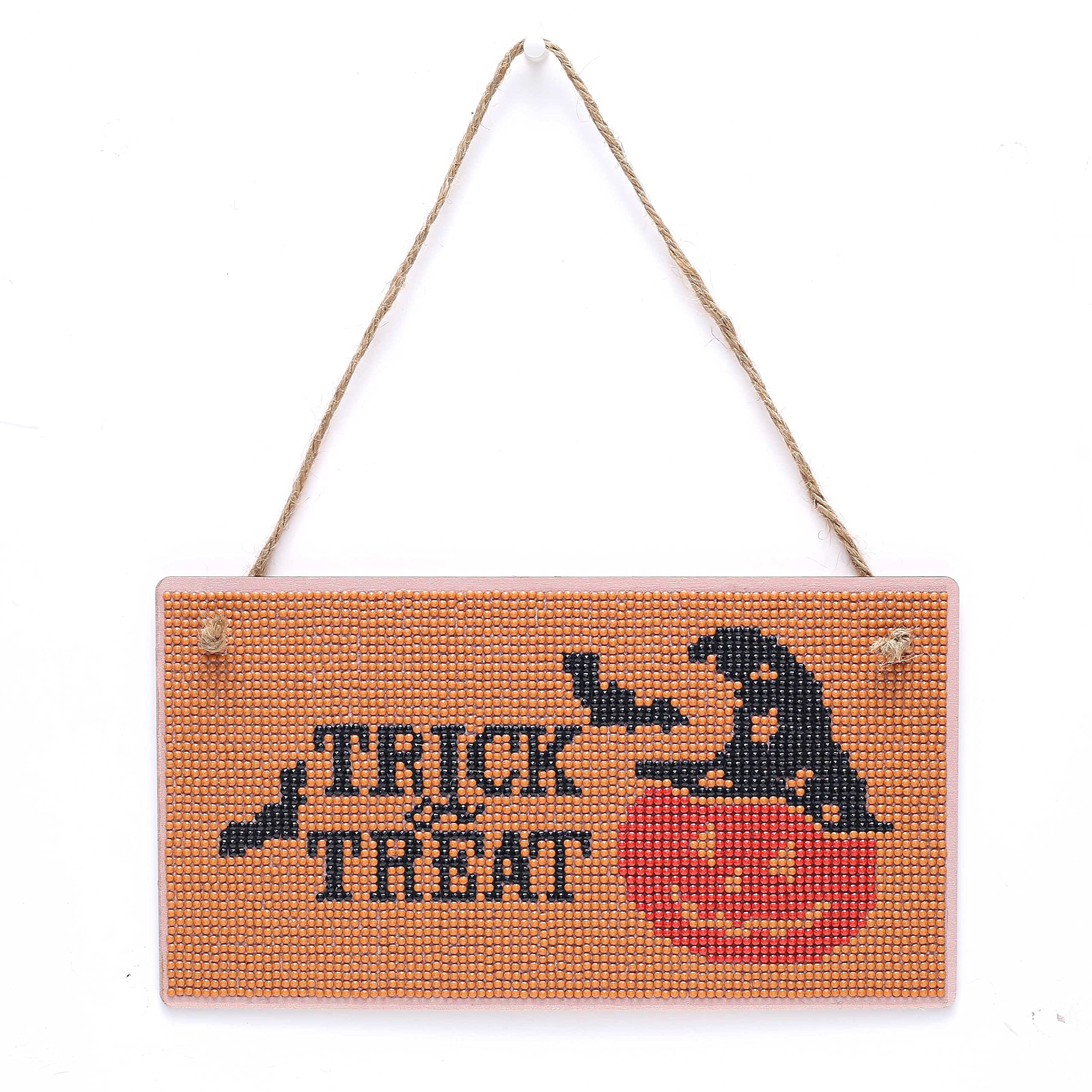 LUSandy DIY 5D Pumpkin Bat Diamond Painting Hanging Sign Wall Art Sign Full Drill Letter Diamond Art Door Window Pendants Halloween Home Garden Wall Hanging Diamond Painting Kits - Trick or Treat