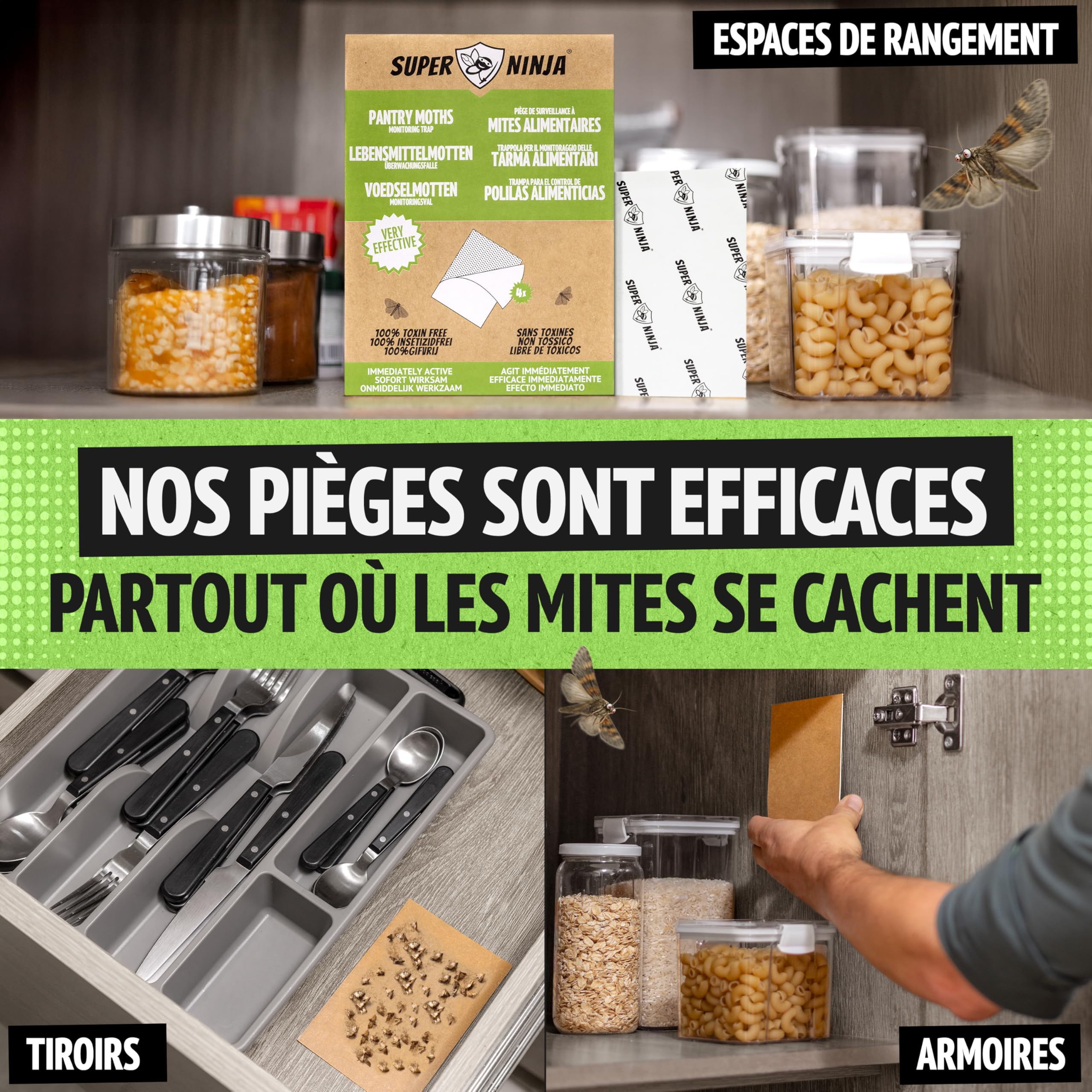 Super Ninja Anti Mites Alimentaires Pack de 4 Pièges avec Phéromone Attractif Cuisine Placards Protection 3 Mois