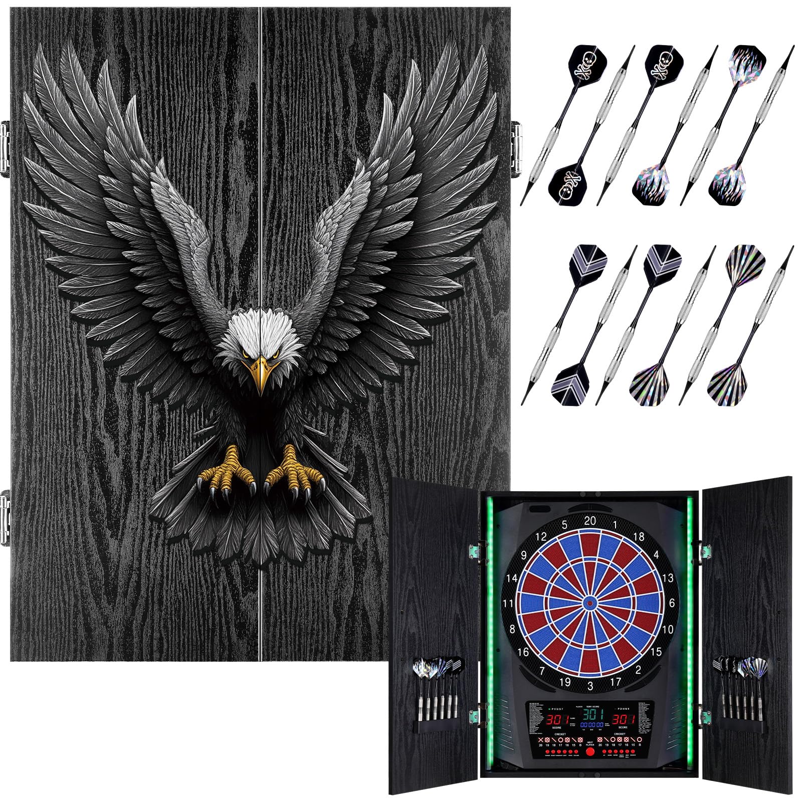 Elektronische Dartscheibe mit Rustikalen Holz-Schrank [12 Bronze Soft-Tip Pfeile], 8-Farben LED für 8 Spieler, Dart Scheibe Profi