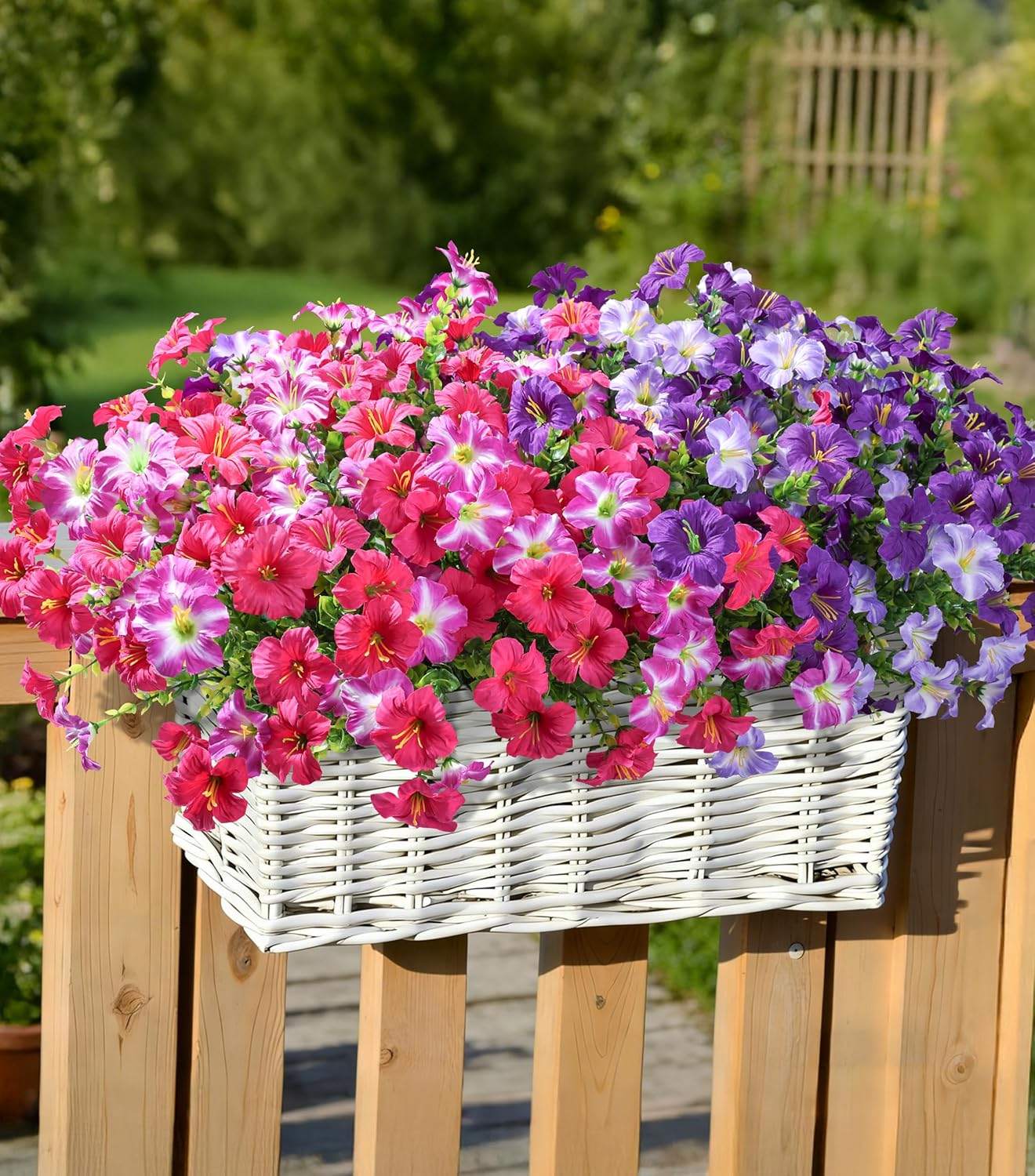 Artificial Flowers for Outdoors Fake Plants Outside Decoration, 20 Bundles Silk Petunia with Eucalyptus UV Resistant Realistic Faux Flowers for Outdoor Planters Garden Balcony Yard Porch Patio, Mix