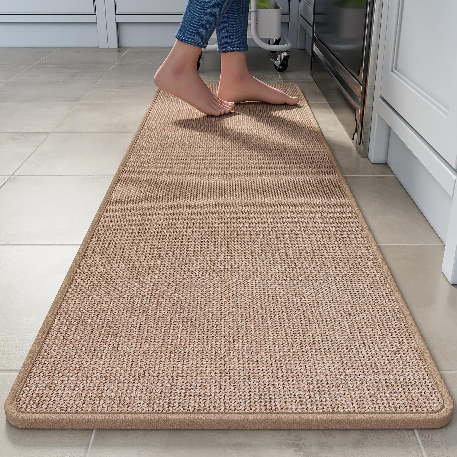 YDKGL Kitchen Runner Rugs Non Slip Washable, Linen-Like 0.3" Thick Cushioned Absorbent Kitchen Mats for Floor, Mild Anti-Fatigue Long Sink Floor Mat