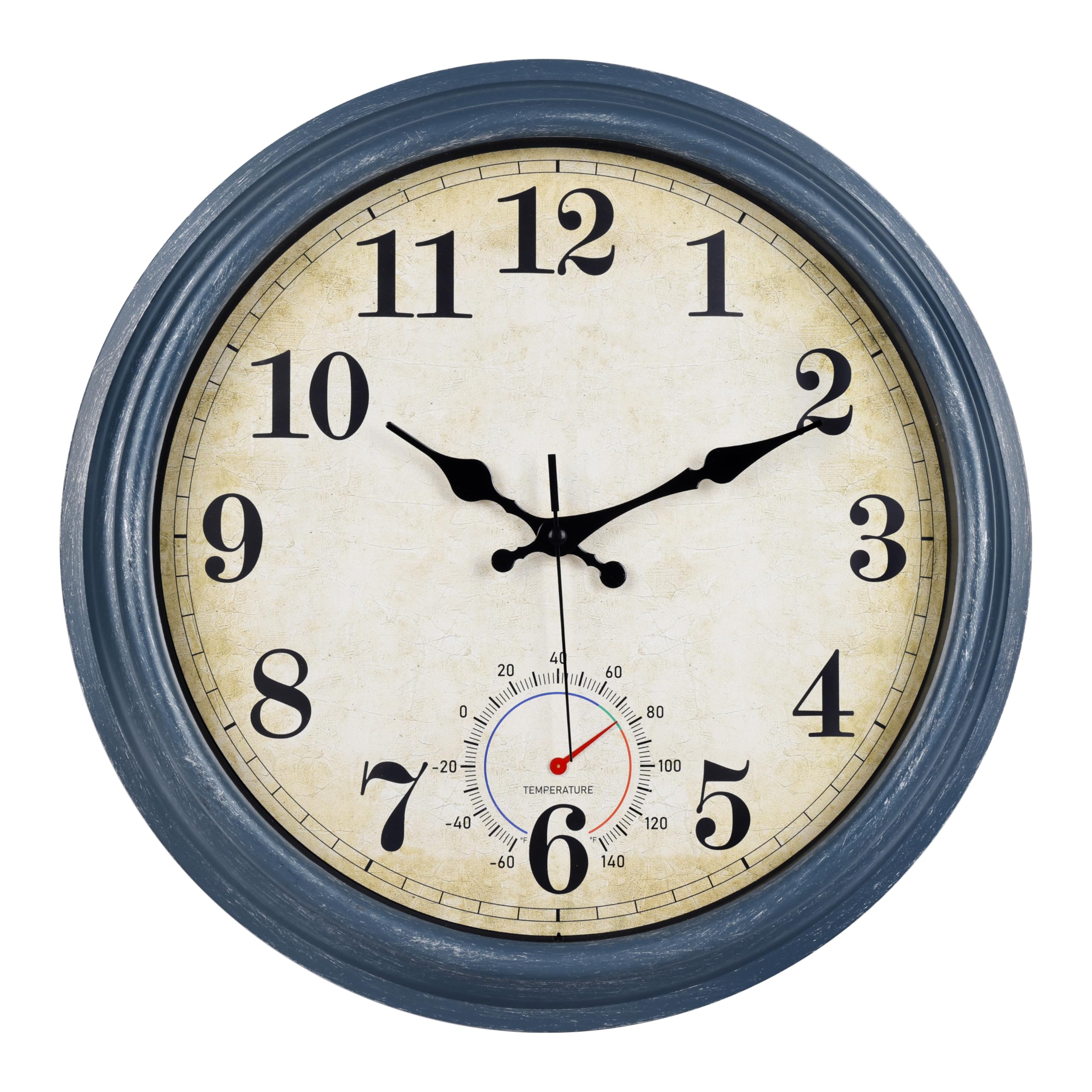 Grande horloge murale d'extérieur étanche avec thermomètre - Horloge murale rustique pour salle de bain, terrasse, piscine (40,6 cm, bleu)