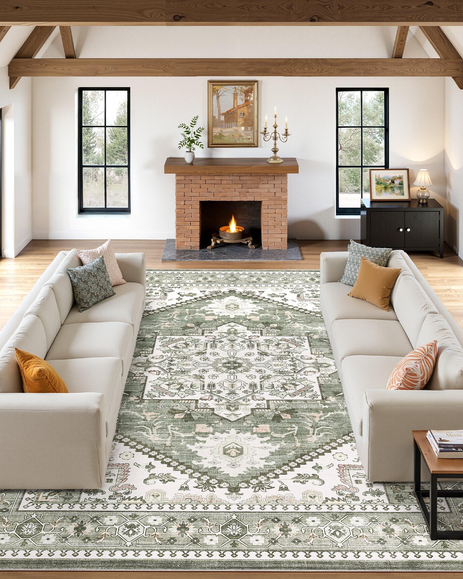 Micgeek Washable Area Rug 10X12 Vintage Neutral Soft Green