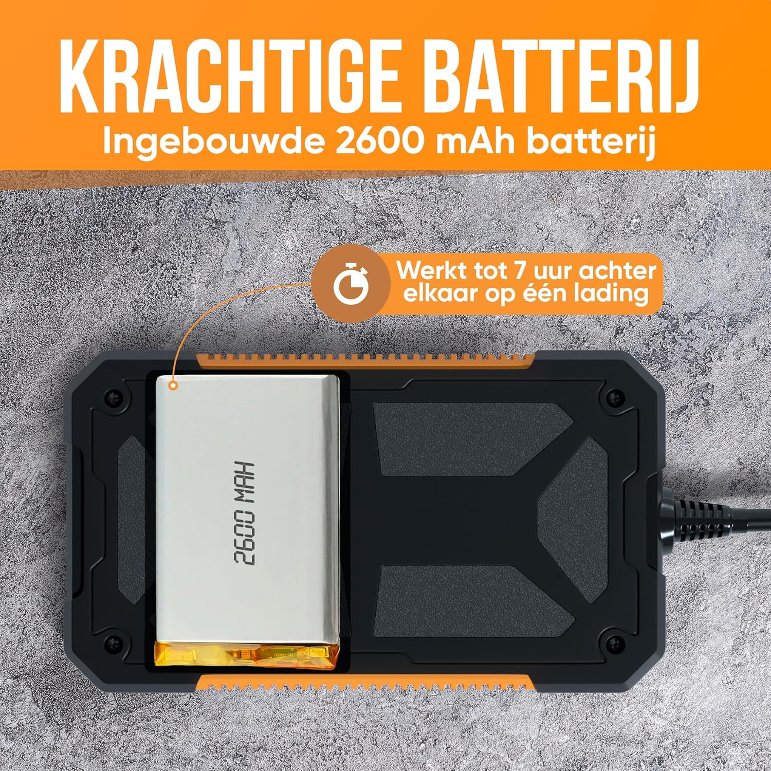 Diagram showing the internal 2600 mAh battery of the Strex SP66 Inspection Camera and its capability to work up to 7 hours on a single charge.