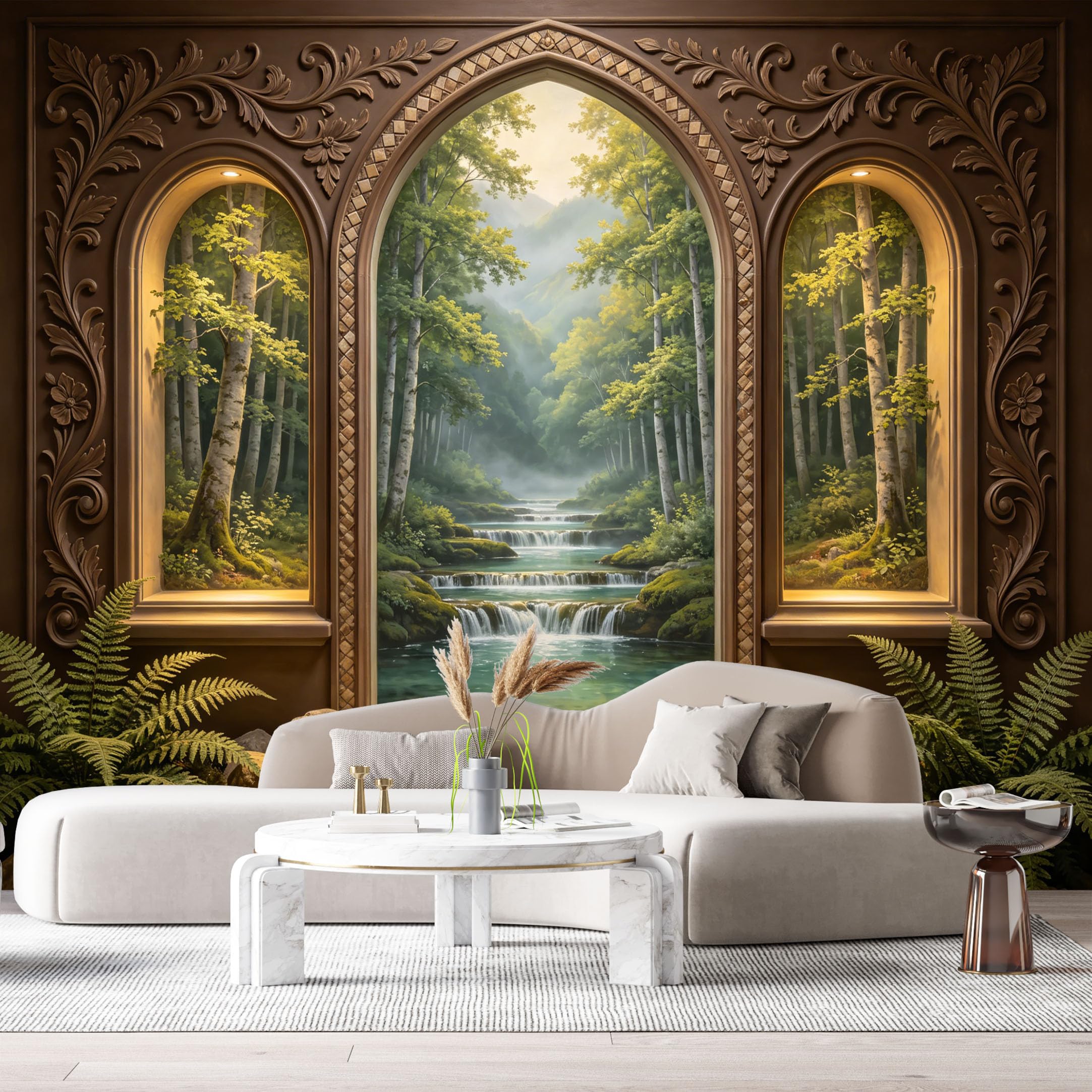 Custom Size Wall Murals Archway Waterfall Mountain Forest 3D Trompe L'Oeil SelfAdhesiveWall Fabric Removable Wallpaper Wall Decor for Living Room Bedroom Bathroom