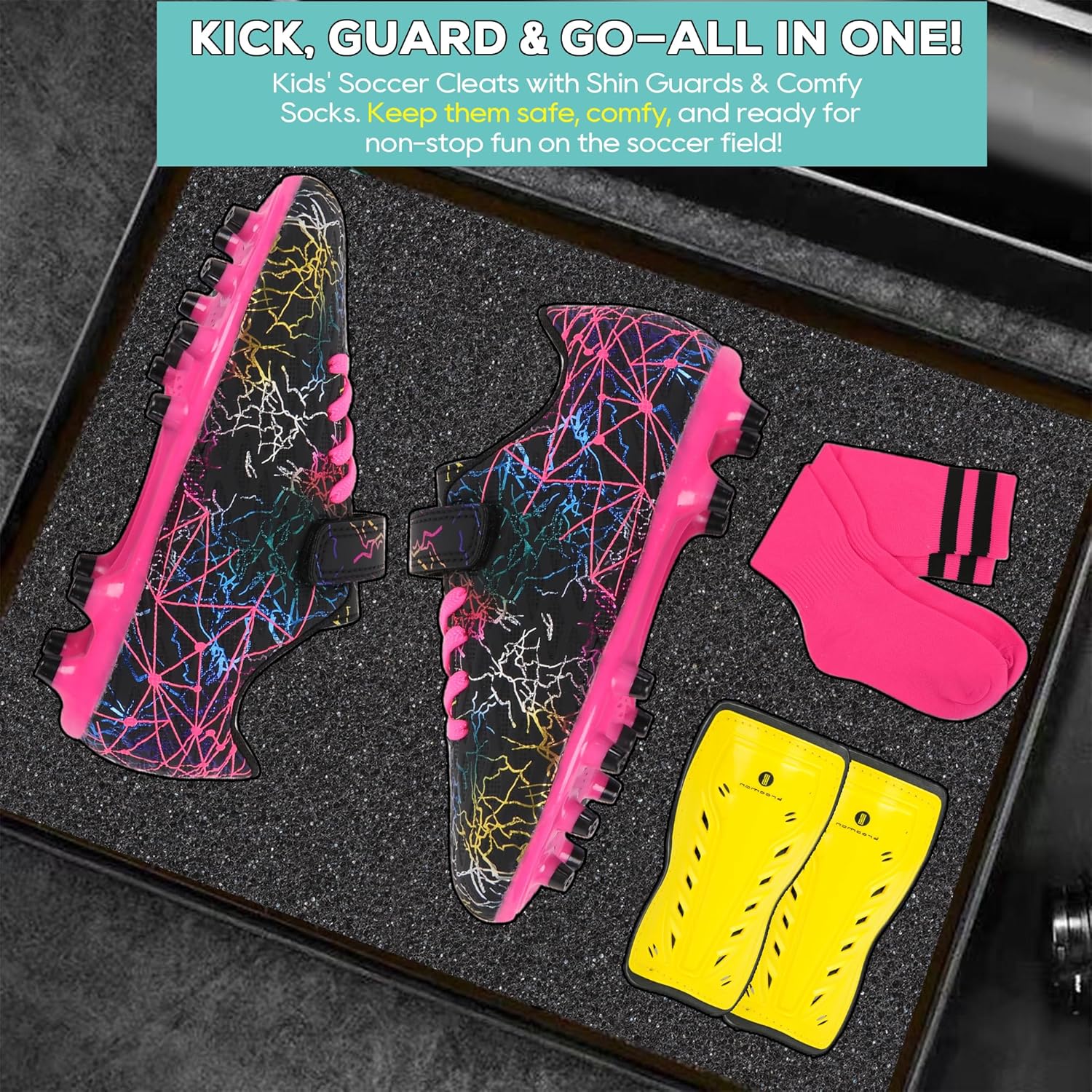 brooman Kids Firm Ground Soccer Cleats Girls Football Cleats with Shin Guards and Soccer Socks - Image 5