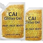 Face, Body & Hair Glitter Gel - Halloween Glitter for Kids and Women - 3 Oz Cosmetic-Grade Gel w/Moon & Stars for Festivals & Halloween Party, Easy Apply & Wash Off - Gold 2Pack