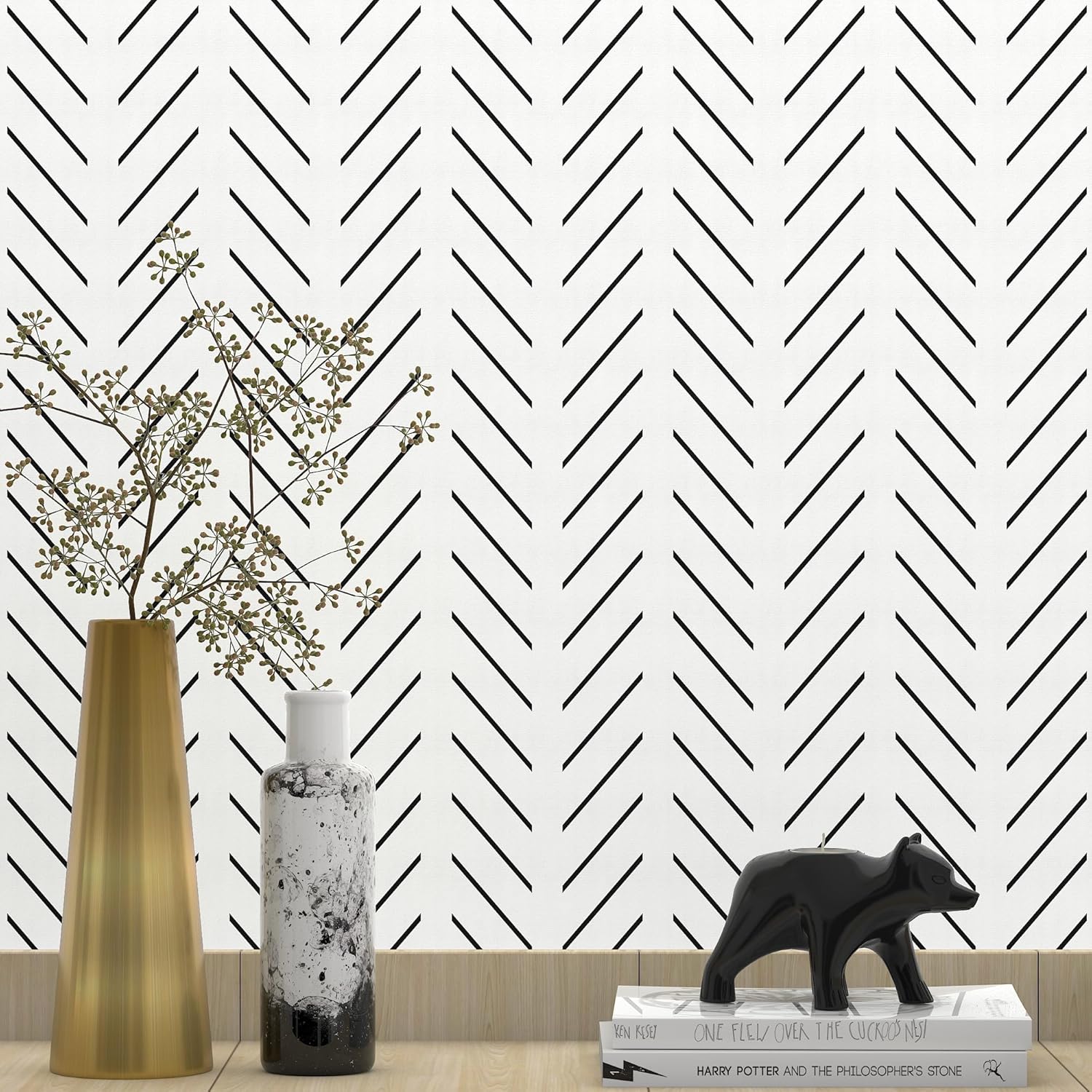 Modern Stripe Wallpaper Peel and Stick Wallpaper 17.3" x 78.7" Geometric Wall paper Self Adhesive Removable Wallpapers Decorative White and Black Contact Paper for Bedroom Countertops Cabinet Vinyl 17.3" x 78.8"