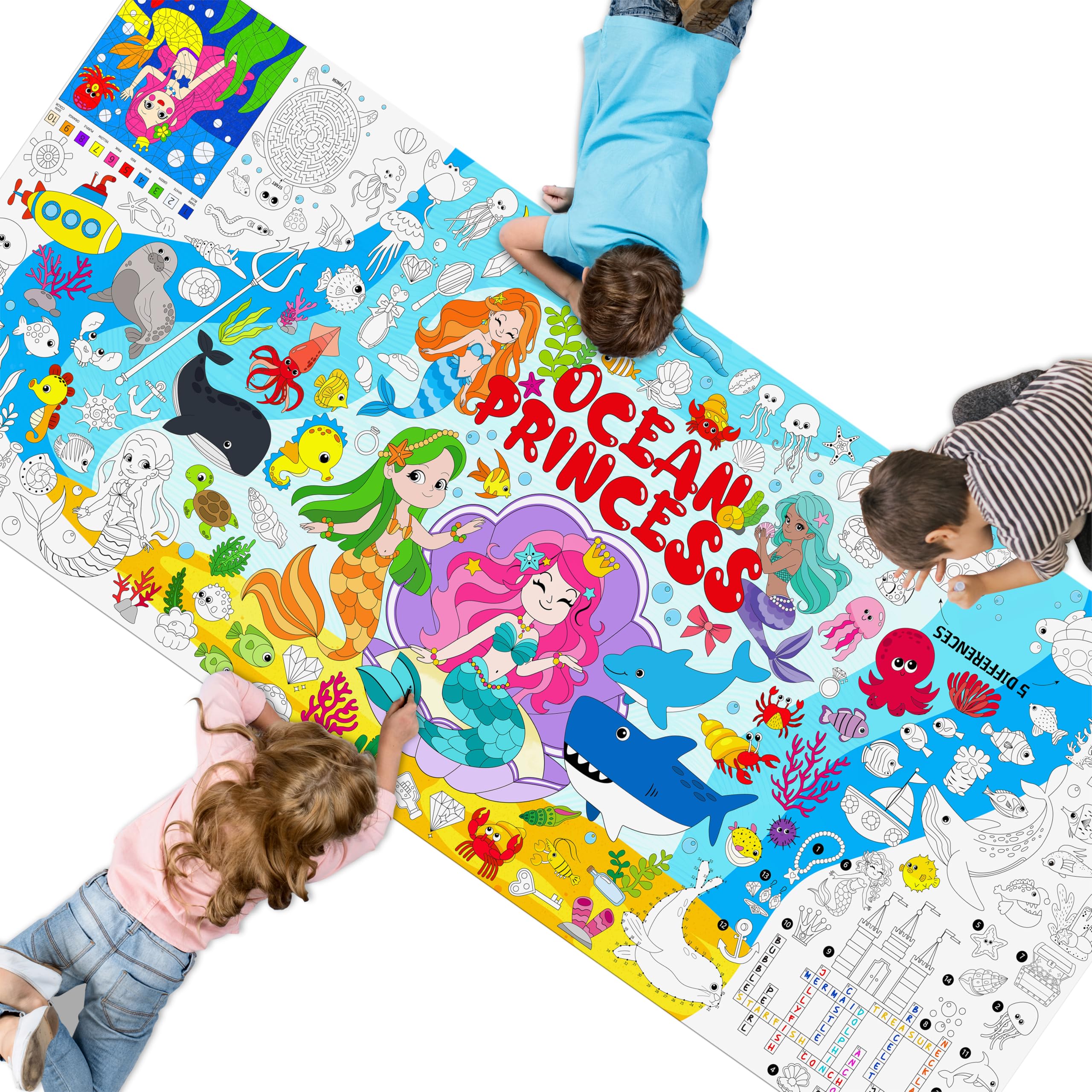 Mermaid World Coloring Poster, Large Coloring Activity Paper 75” x 31” Jumbo Size Ocean-themed Paper DIY Painting Drawing Banner/Tablecloth for School, Wall Decor