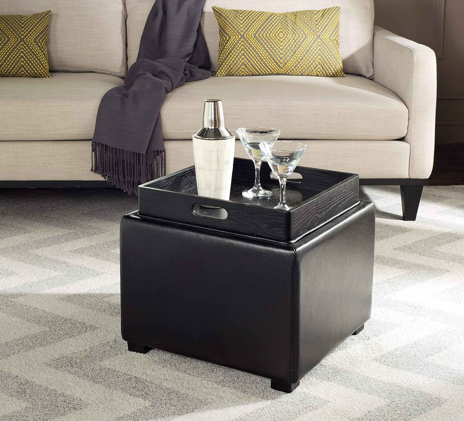 Brown Bi-Cast Leather Ottoman with Tray and Storage