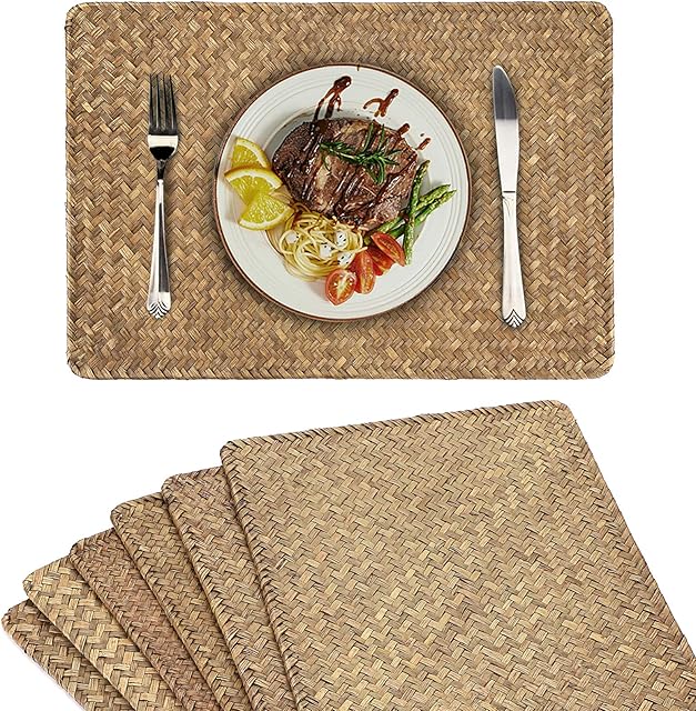 BSTKEY Pack of 6 Natural Seagrass Rattan Placemats, Woven Table Mat Place Mat Coffee Pad for Dining Table and Kitchen, Rectangular 17" x 11.8" (Coffee)