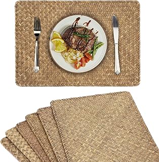 OwnMy Pack of 6 Natural Seagrass Placemats Woven Rattan Place Mat Rectangular Table Mats, 17" x 12" Sea Grass Meal Placemat Bamboo Place Mats for Dining Table Home Kitchen Picnic Table Decor (Coffee)