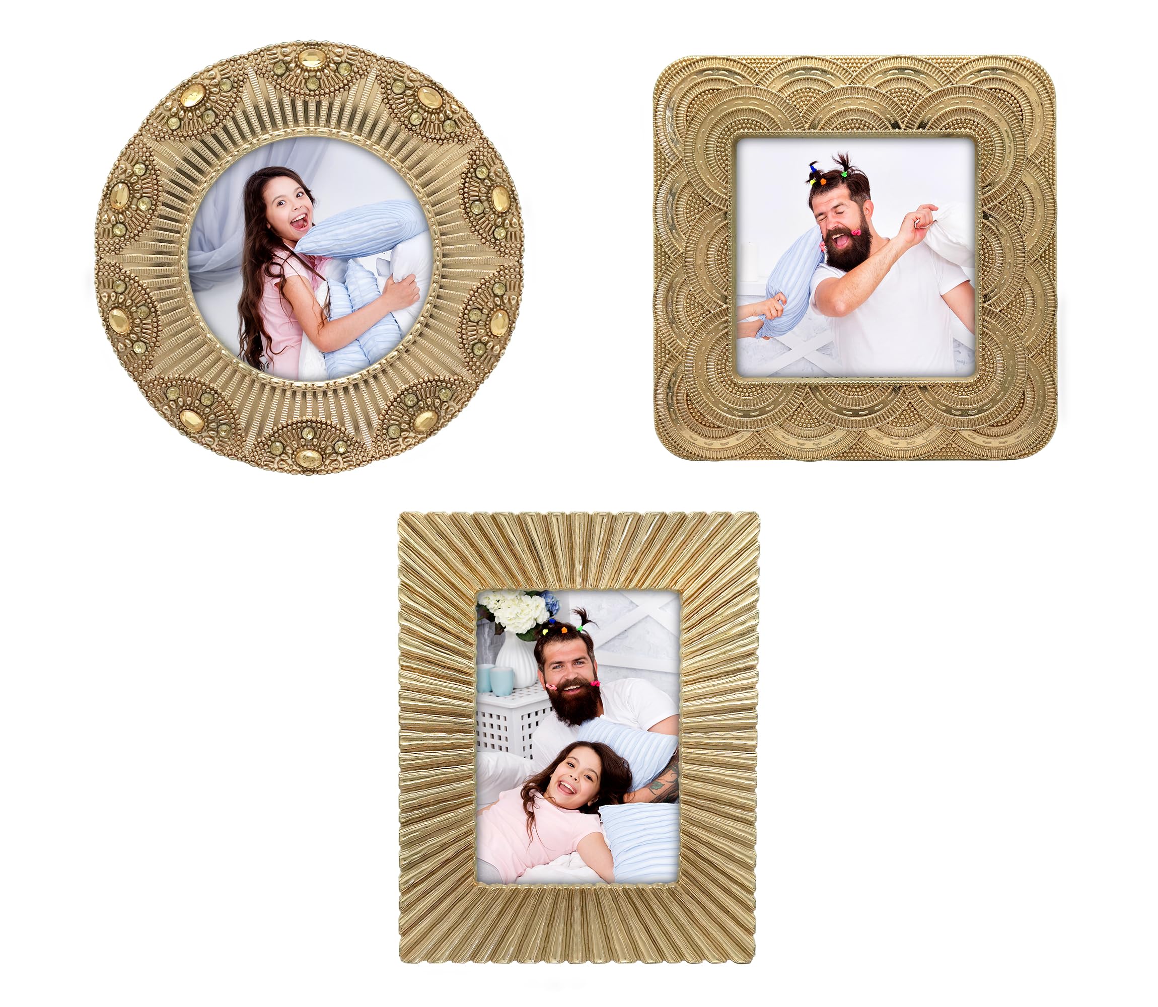 Classic Gold 1920s Mini Frame Set/Set of 3/2.5x2.5 & 2.5x3.5 In | For Tabletop Display | Perfect for Home Decor, Wedding, Graduation, Or Milestone Photos