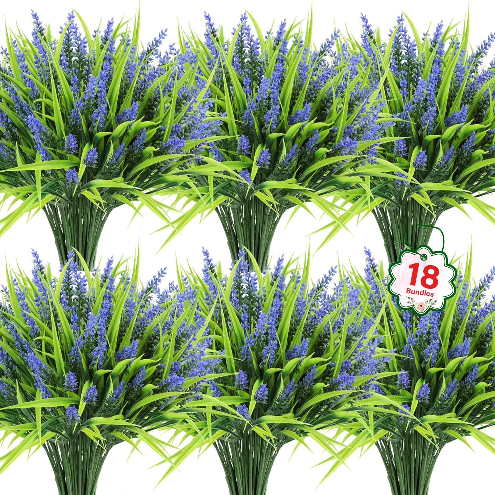 BlueCloudy 18 Bundles Artificial Flowers Outdoors Faux Lavender Plants, UV Resistant Plastic Fake Decorative Flower for Outside Hanging Baskets Planter Garden Home Office, Grass, Table Deco