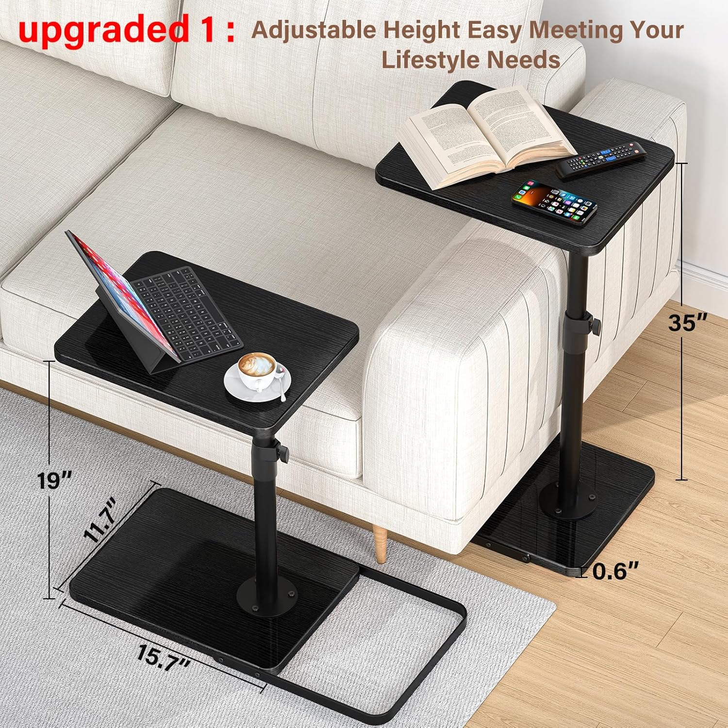 C Table End Table Adjustable Height, 360°Swivel TV Tray Table, Upgraded Metal and Wooden Base to Prevent Slipping, Couch Armrest Tables Snack Tables for Laptop Sofa Bed Dinner or Small Space (Black)