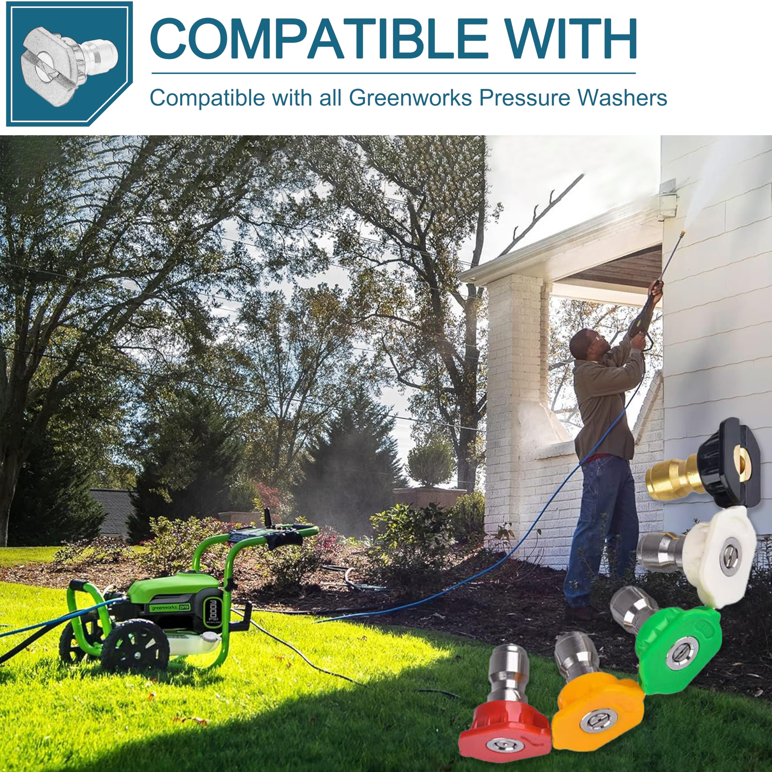 Boquillas de lavado a presión de 2000 PSI, repuesto para Greenworks Cleaning 5201502, compatible con todas las lavadoras a presión Greenworks, conexión rápida de 1/4 pulgadas, juego de 5