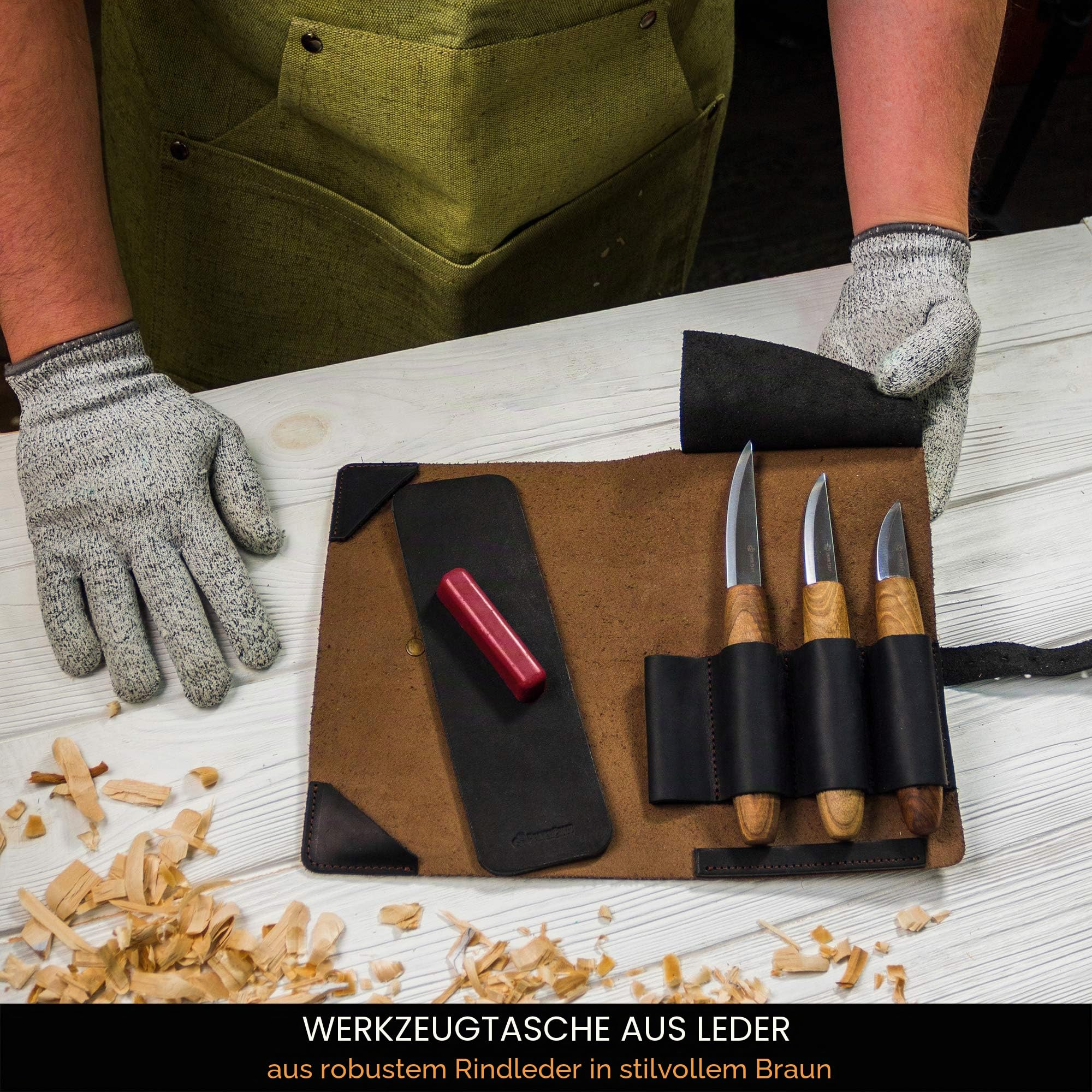 BeaverCraft Deluxe Holzschnitzwerkzeug-Kit S19x - Schnitzkit Holzschnitzmesser-Set mit Lederstreifen und Poliermittel im Lederwerkzeug-Rollbeutel (Schnitzkit S19x)