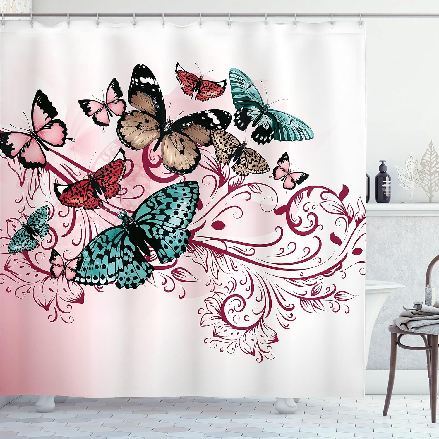 Ambesonne Butterfly Shower Curtain, Monarch Butterflies Vintage Damask Inspired Design, Cloth Fabric Bathroom Decor Set with Hooks, 84" Long Extra, Blush Raspberry