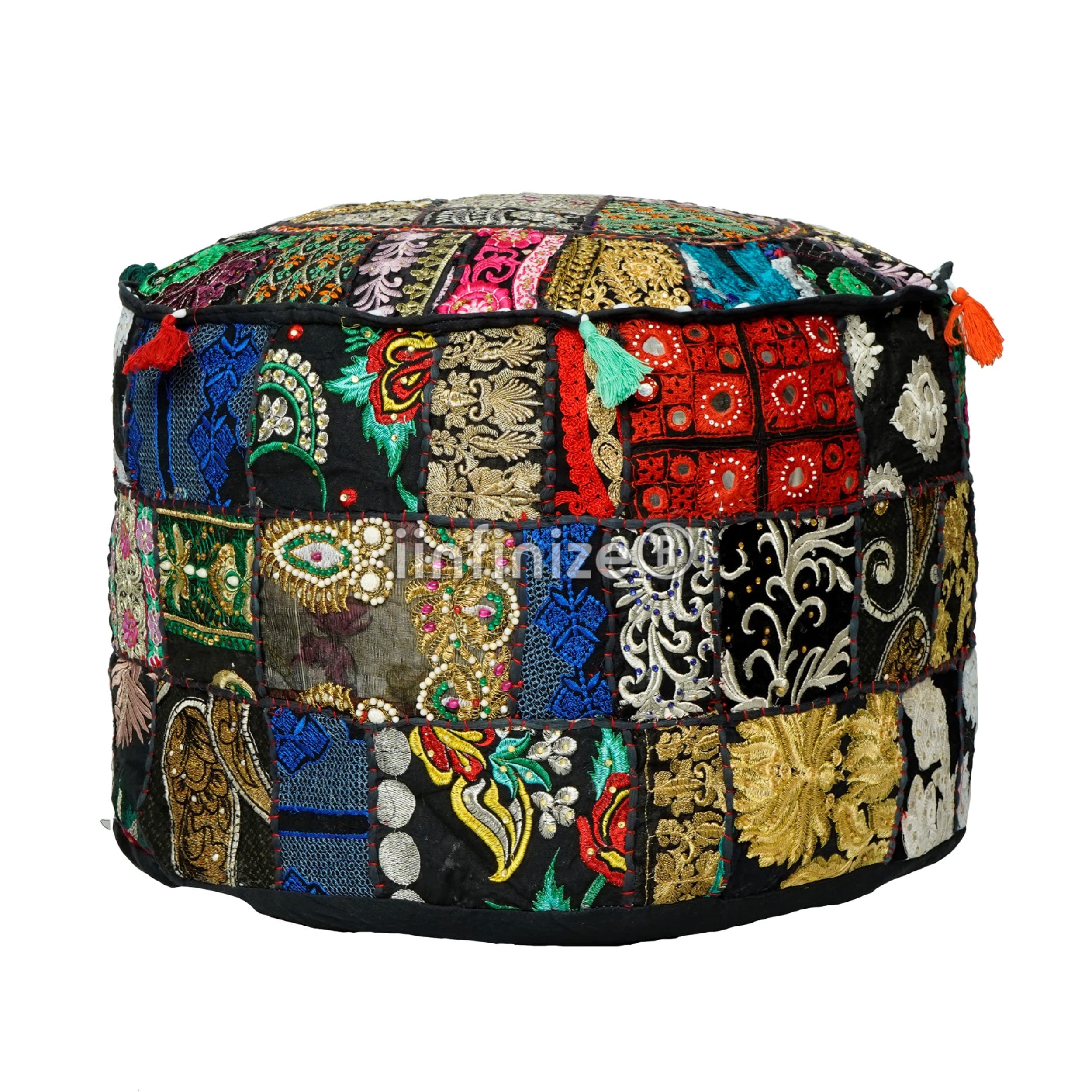 iinfinize Ottoman Pouffe Cover Cotton Patchwork Mudda Pouffe Case Home Decor Sitting Pouffe Cover Throw Handmade Antique Bean Bag Footrest Pouffe Cover (Black, Round) 1