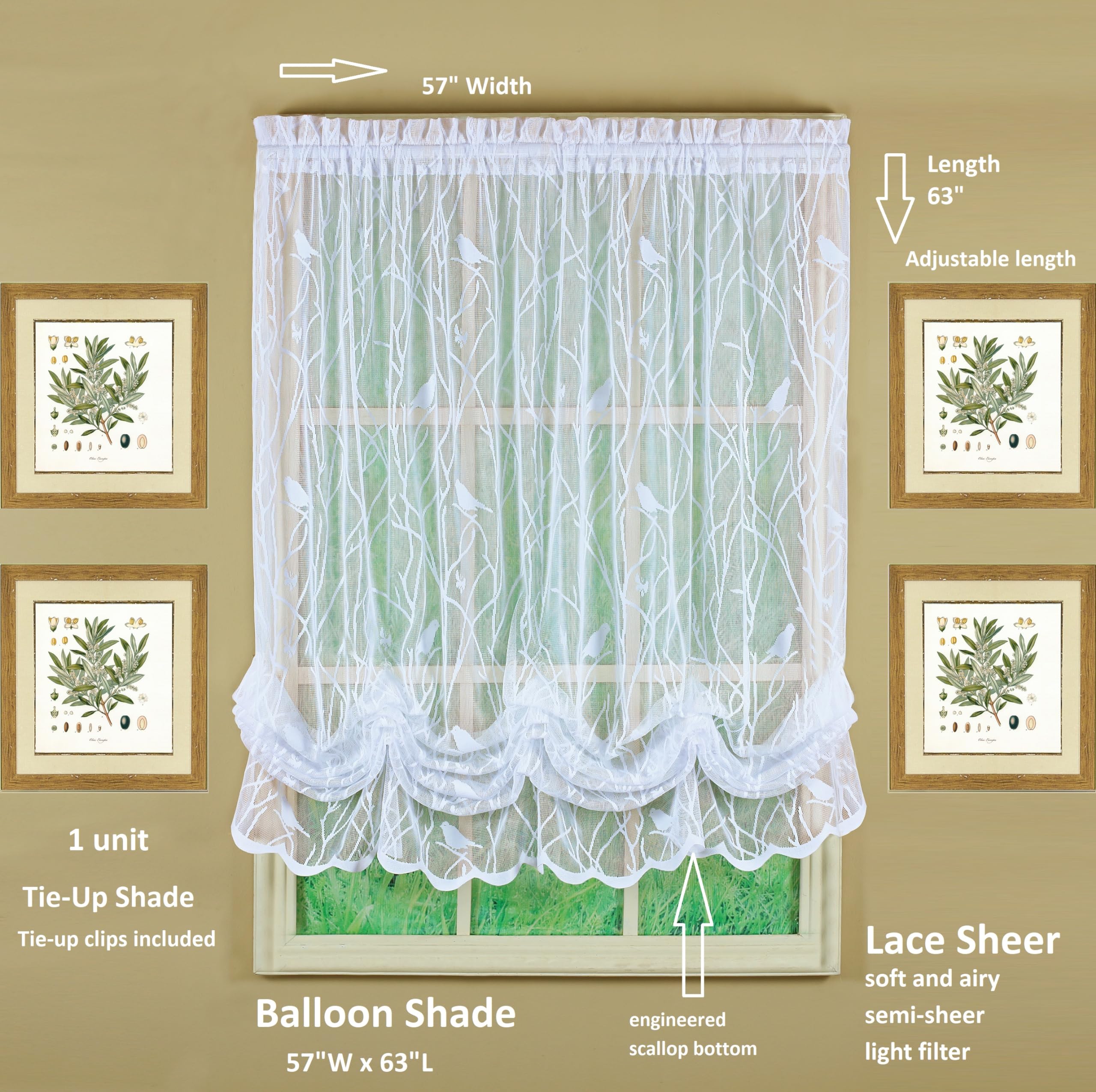 Today's Curtain, Songbird Semi-Sheer Lace Balloon Shade, White, 57" W x 63" L, W 57" x L 63" (1 Panels) - Image 2