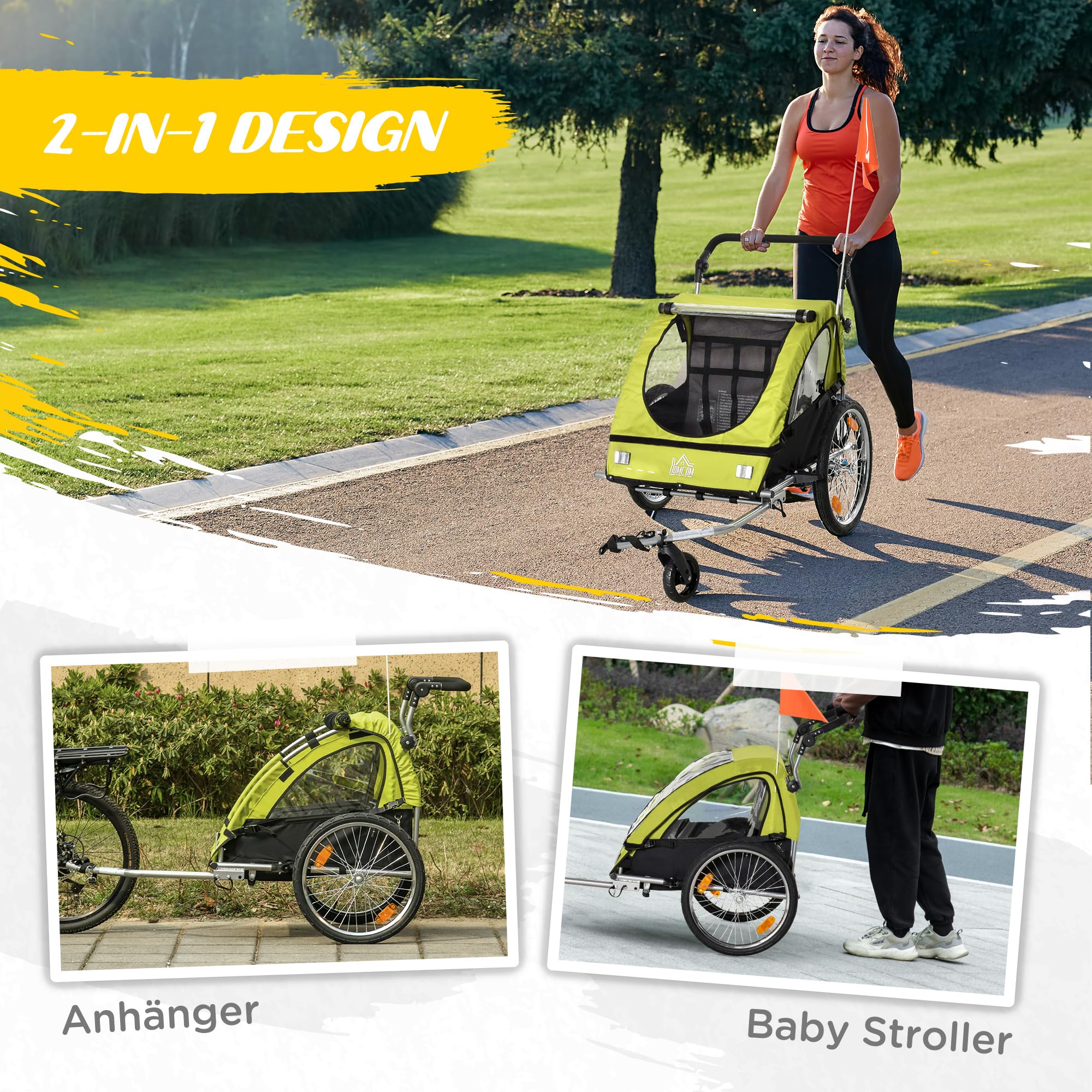 HOMCOM 2 in 1 Kinderanhänger Anhänger 360° Drehbar Fahrradanhänger 2 Kinder Buggy Kinderwagen mit Fünf-Punkt-Sicherheitsgurt Joggerfunktion Metall Oxford 160 x 84 x 106 cm