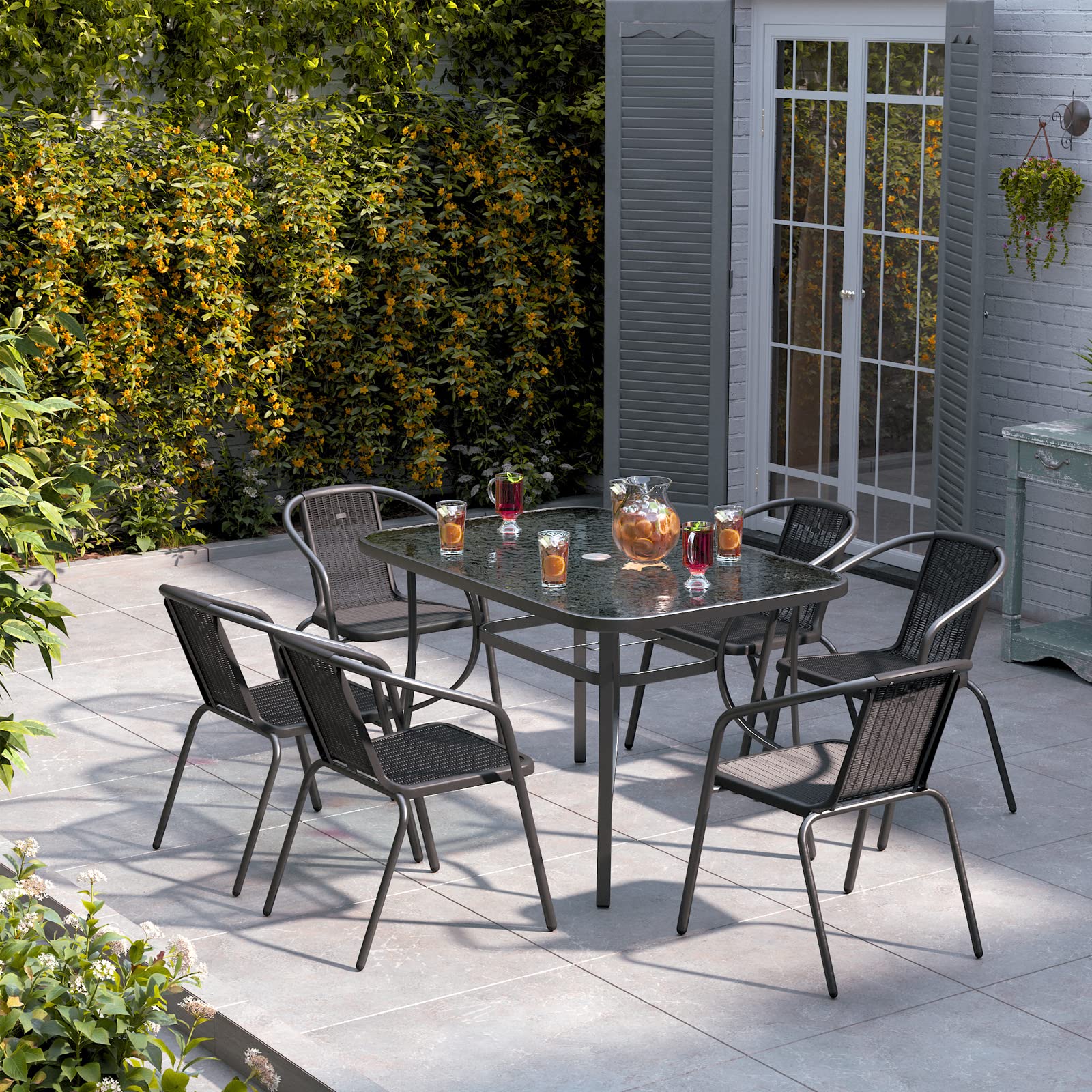 DKIEI 7 Piece Rattan Garden Furniture Dining Set, 120 * 80cm Rectangle Glass Table and 6 Garden Wicker Rattan Chair, with Umbrella Hole, Outdoor Furniture Set for Patio Balcony Bistro Backyard, Black — image 1