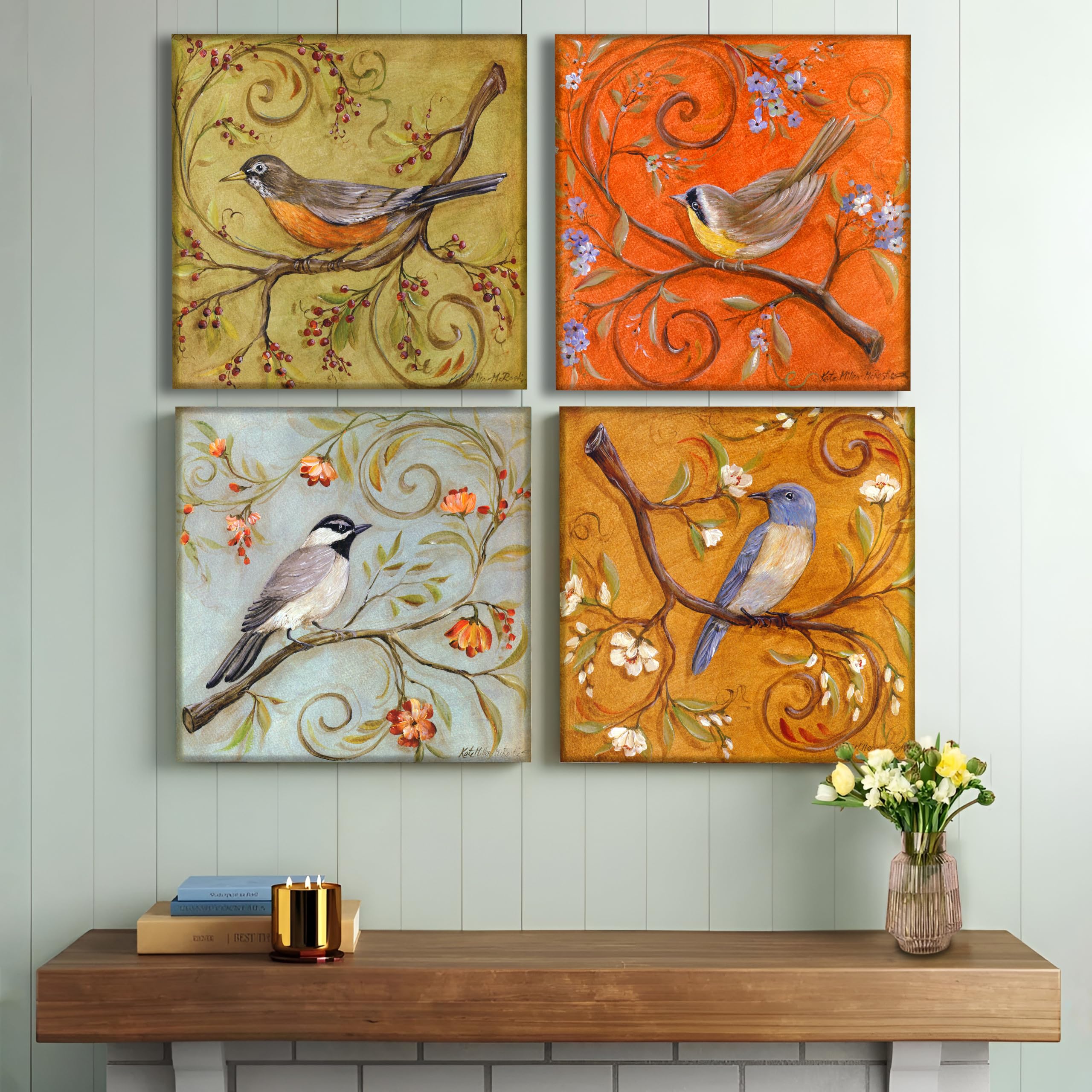 PAINTINGMANTRA Multicolor Classic Artwork of Birds Wall Painting Set of 4|Digital Print on Canvas Stretched on Wood for Home Decoration|Ideal for Living Room, Bedroom, Hotel (12x12Inches)