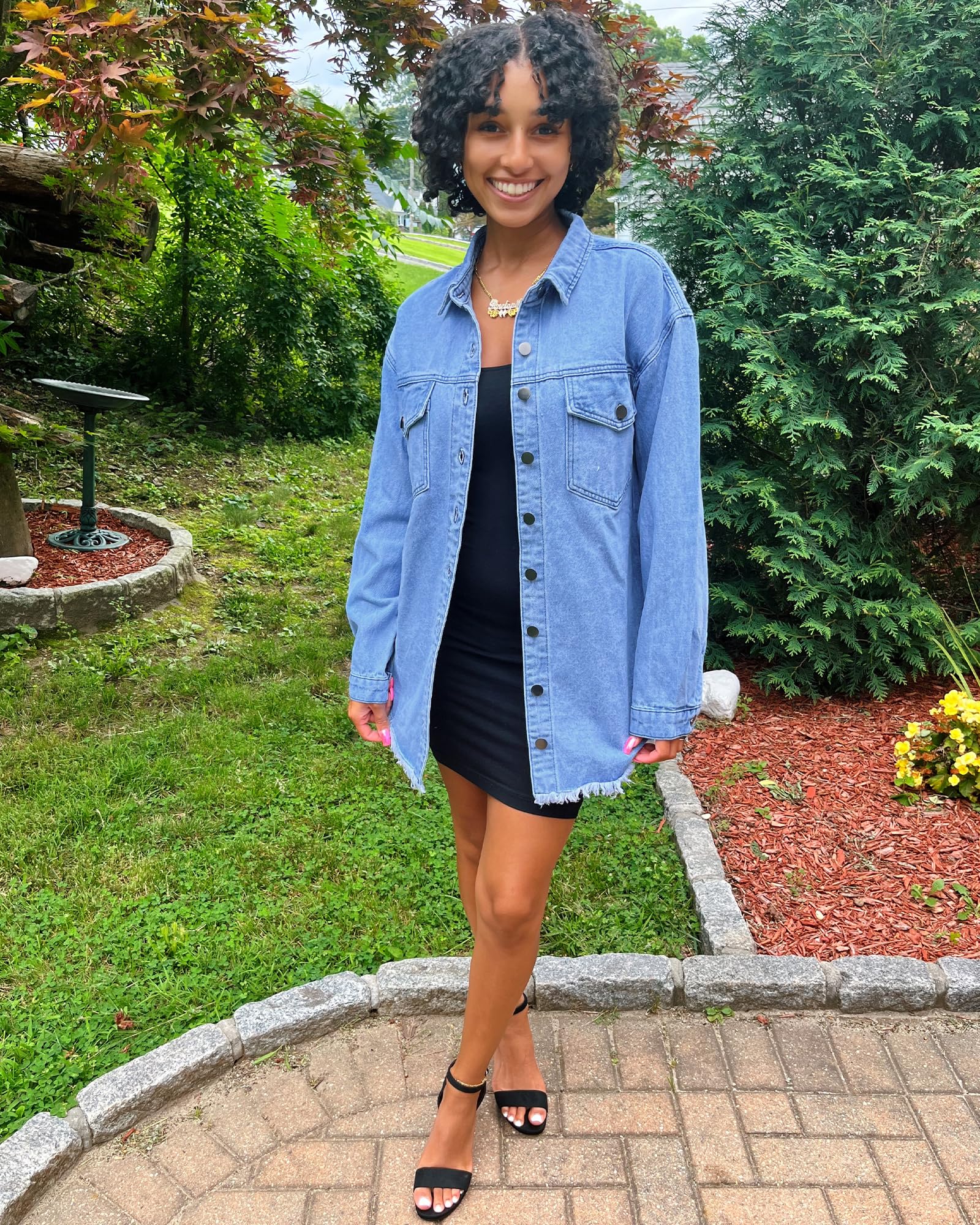 Roskiky Jacke Damen Oversized Button Up Frayed Hem Shacket Langarm Taschen Denim Jean Jacket