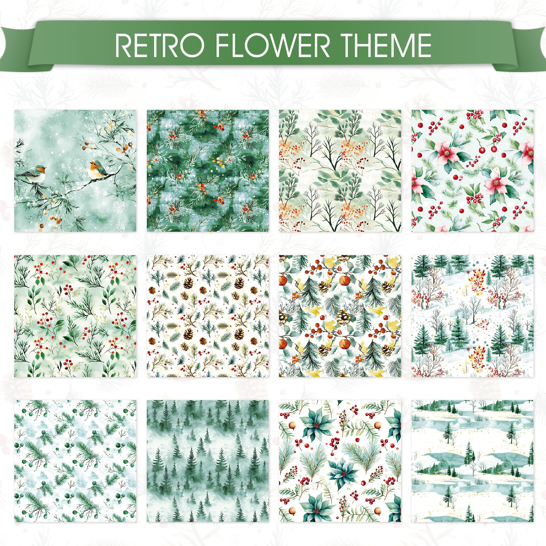 24 arkusze papieru do scrapbookingu, choinka, zielona, natura, las, 15 x 15 cm, kartonowe podkładki papierowe, jednostronne, zimowe wakacje, karton do samodzielnego wykonania kart, albumu