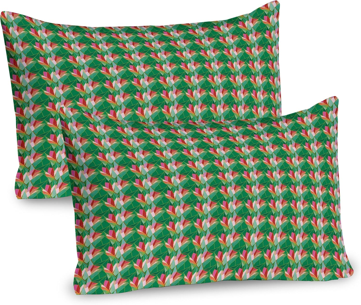 Ambesonne Abstract Pillow Sham Set of 2, Stained Glass Inspired Pattern with Floral Motif Mosaic Summer Elements, Quality Microfiber Bedding Item for All Seasons, 26" x 20", Pink Coral and Green