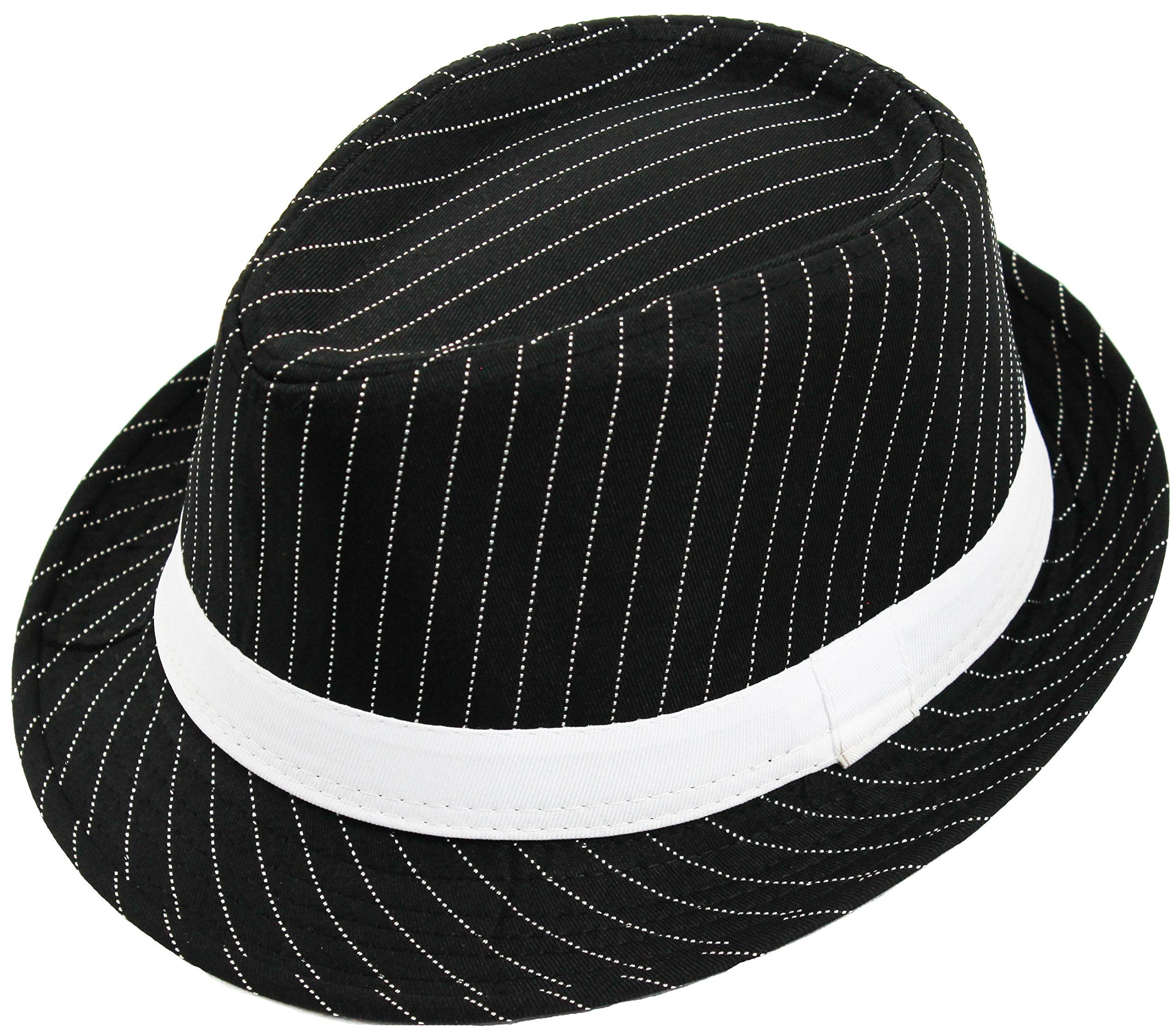 ILOVEFANCYDRESS DELUXE PINSTRIPE TRILBY HAT BLACK WITH WHITE STRIPE & WHITE BAND GANGSTER STYLE SIZE 58 CM (PACK OF 6)